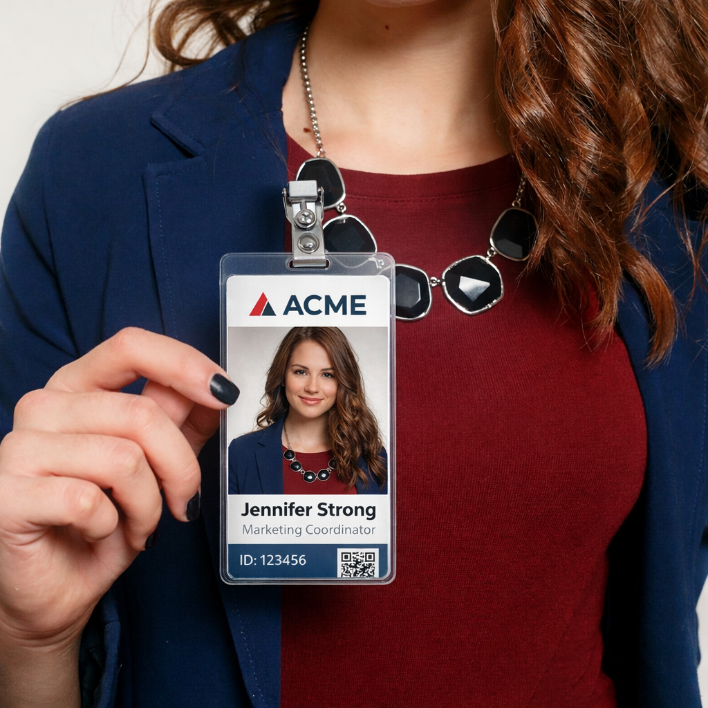 Professional woman holding an ACME employee ID badge featuring a headshot of Jennifer Strong with name, title, ID number, and QR code in a clear badge holder.