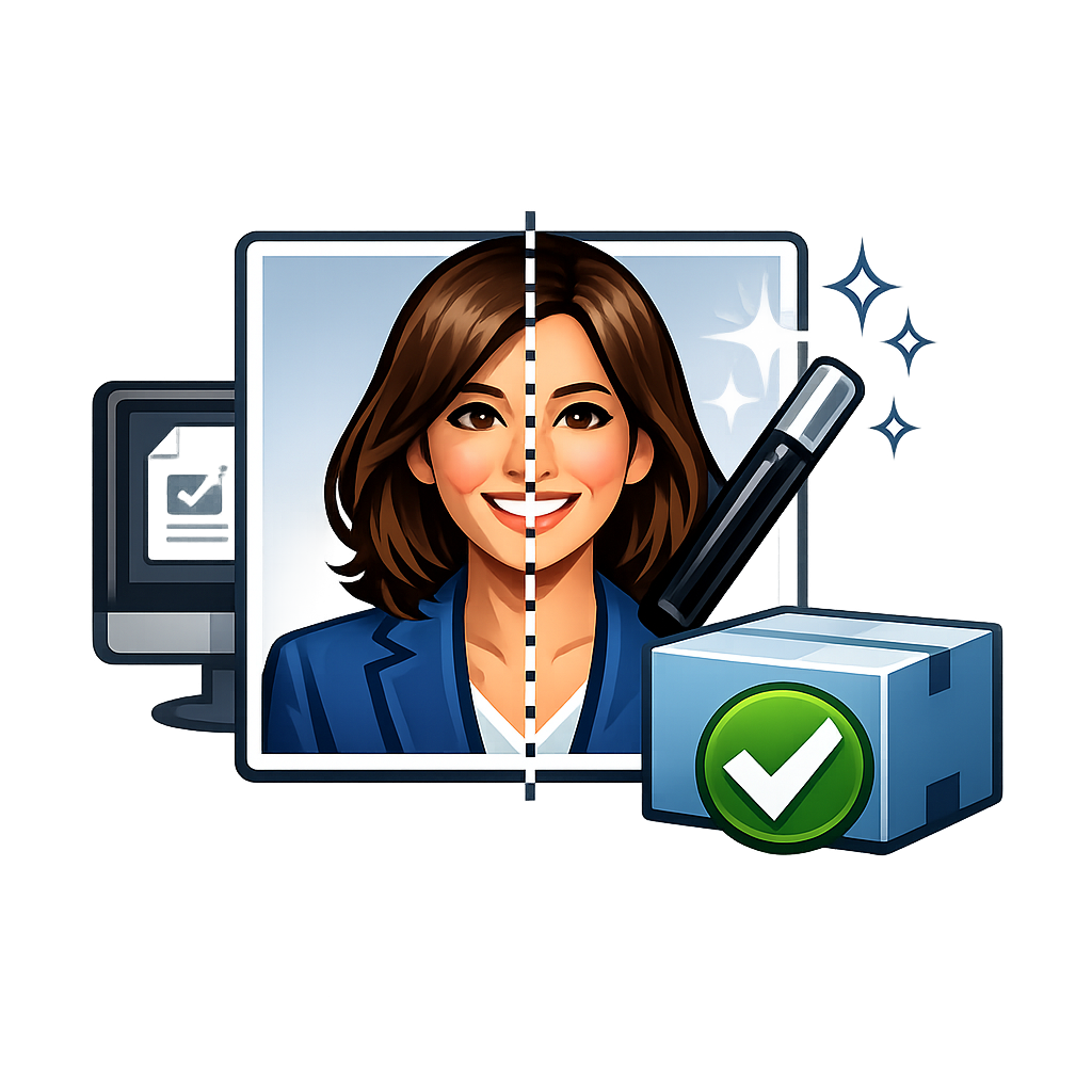 Before-and-after headshot retouching illustration with enhanced final image and delivery box checkmark, representing professionally edited photos ready for delivery