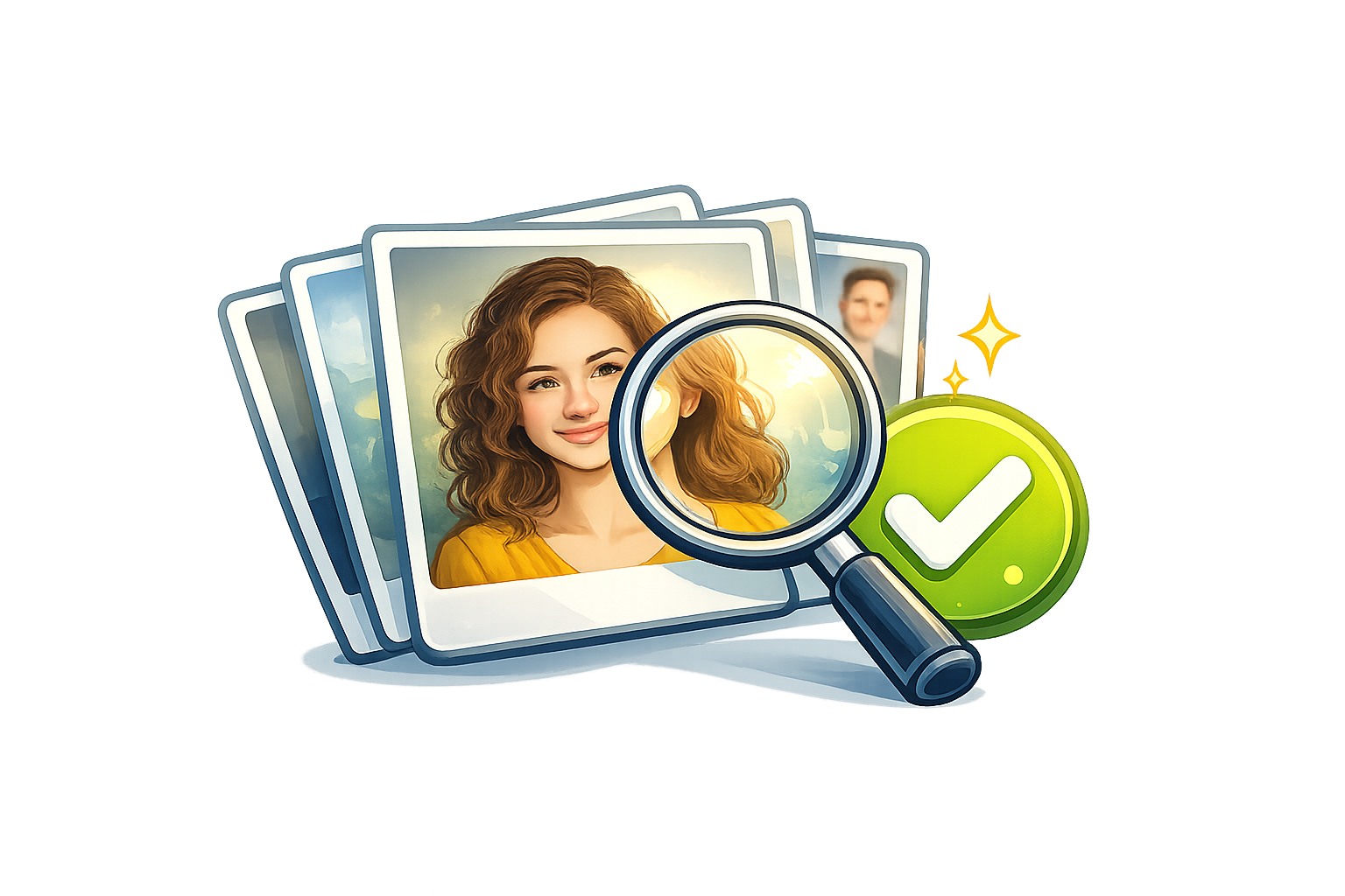 Magnifying glass over a stack of photos with a checkmark, representing reviewing and selecting final headshot images for delivery