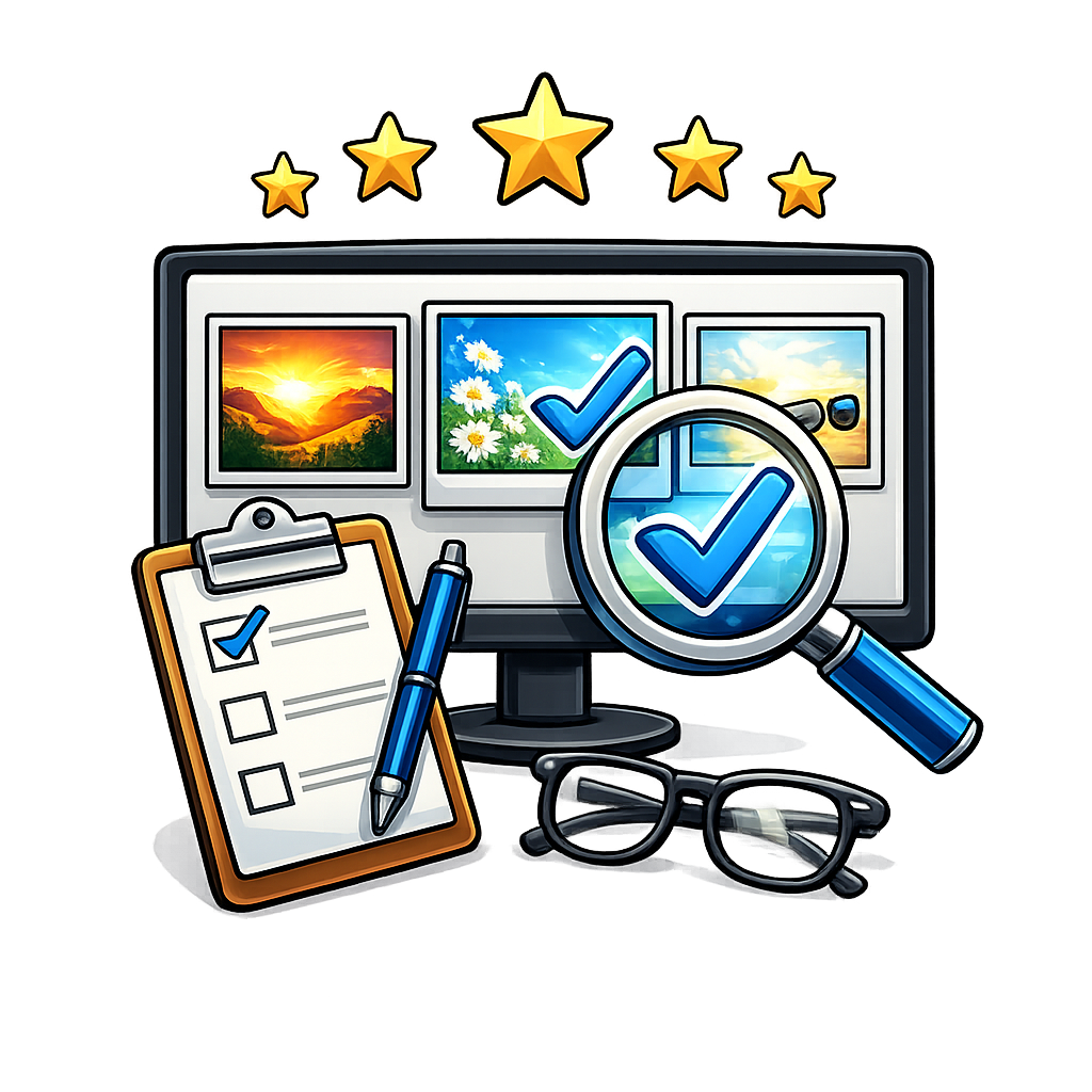 Icon of a computer screen displaying multiple images with checkmarks, a magnifying glass, and a clipboard, representing image selection and review in the product photography workflow