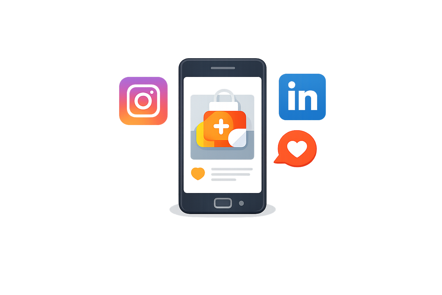 Icon of a smartphone displaying a product post with surrounding social media and engagement symbols, representing product photography for social media content with a transparent background