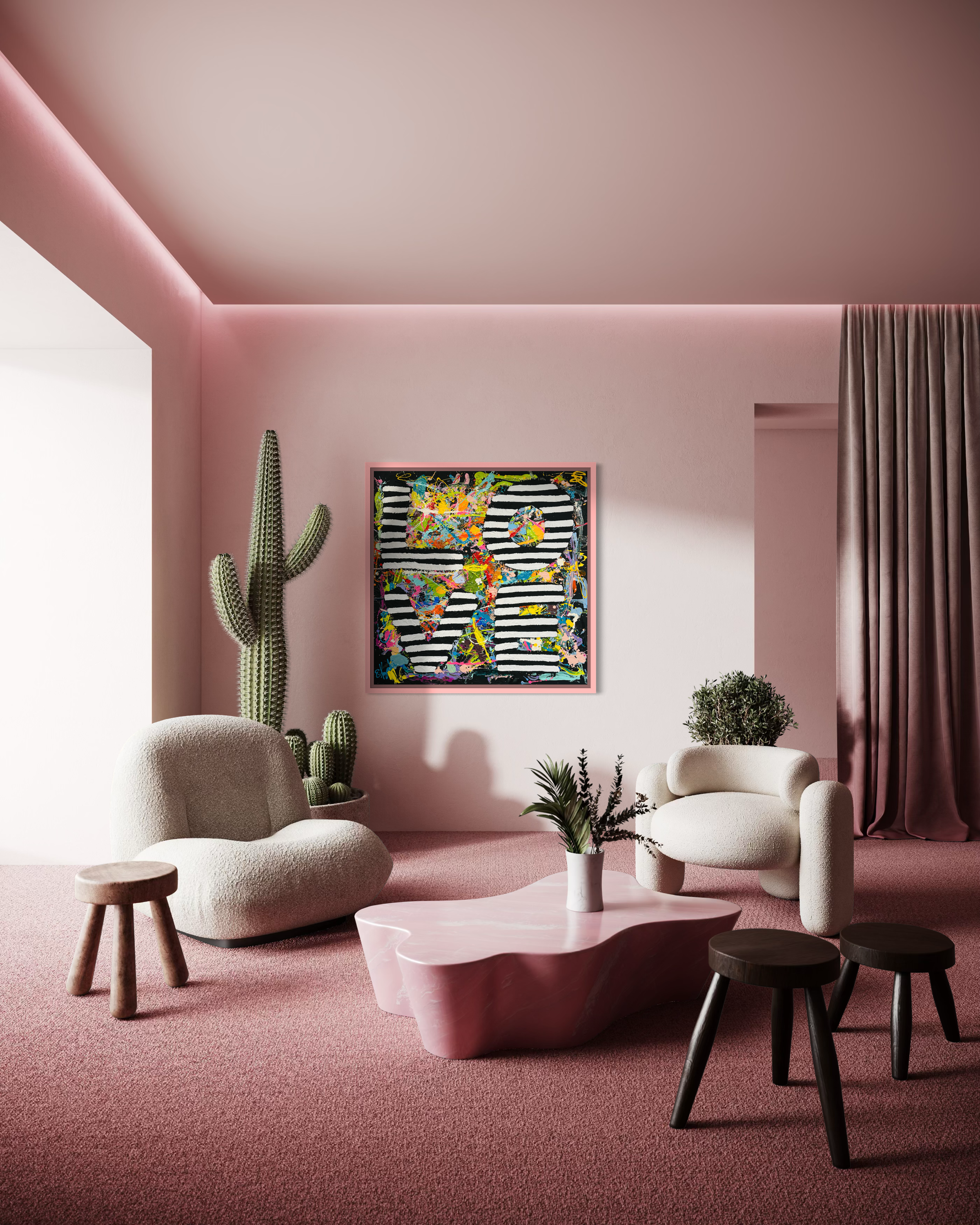 Large colorful abstract painting by Elizabeth Azadi, expressive abstractions style in amodern pink living room with modern furniture and a big cactus in the corner