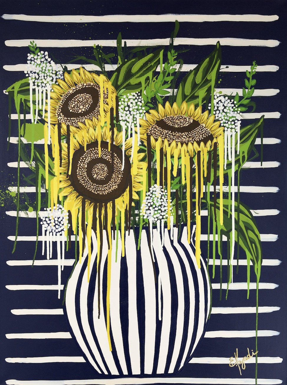 Large colorful floral abstract expressionism style painting by Elizabeth Azadi, with a navy blue and white striped vase and drippy flowers