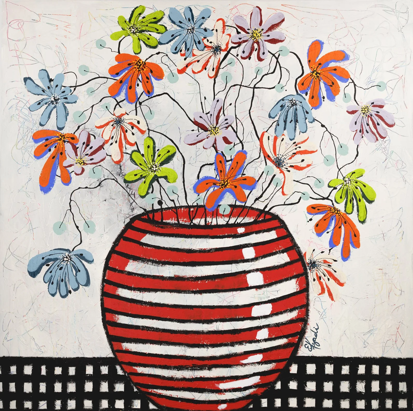 Large colorful floral abstract expressionism style painting by Elizabeth Azadi, expressive abstractions style