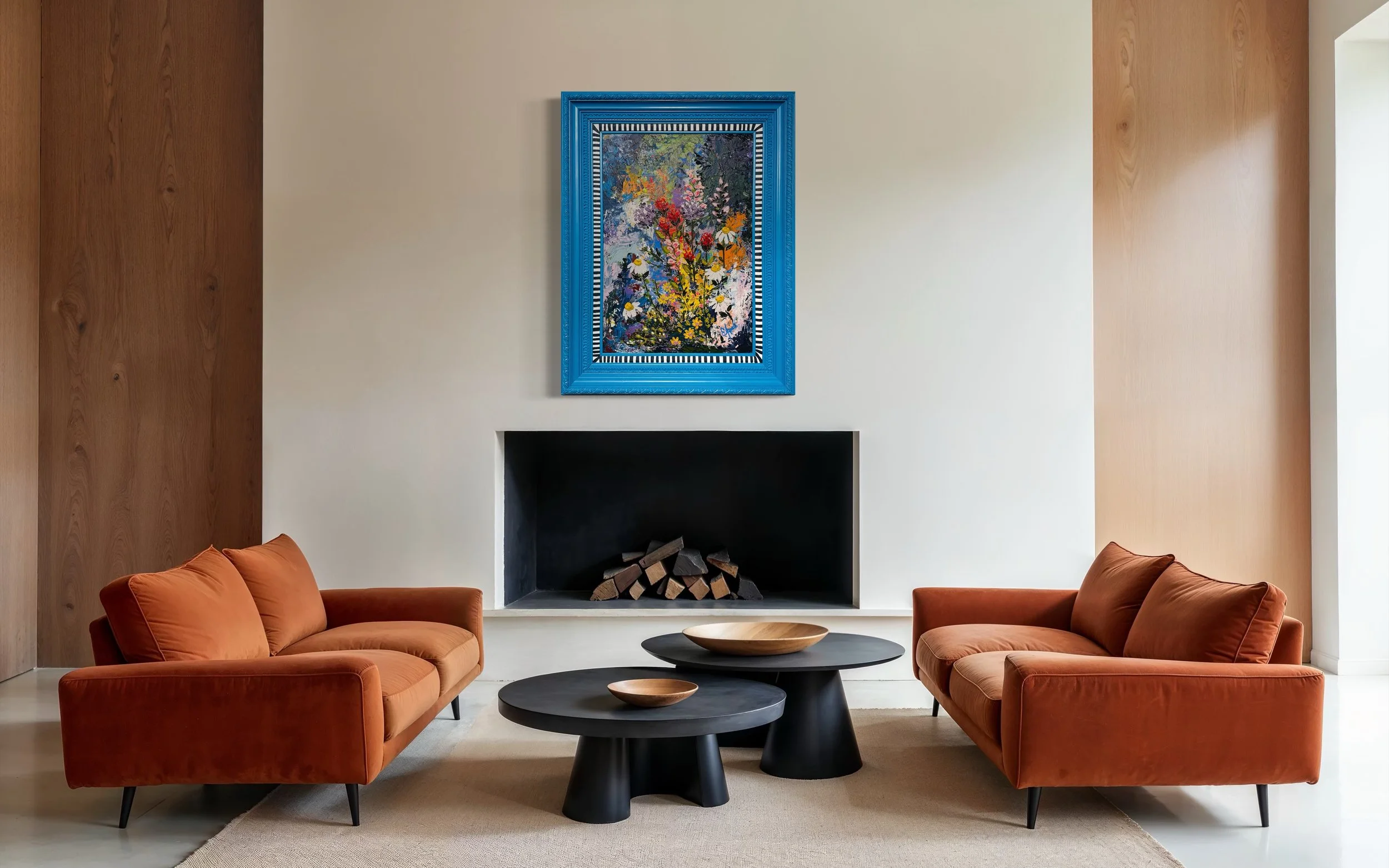 Large colorful floral abstract expressionism style painting by Elizabeth Azadi, expressive abstractions style, displayed in a modern white living room with mid century style furnishings.