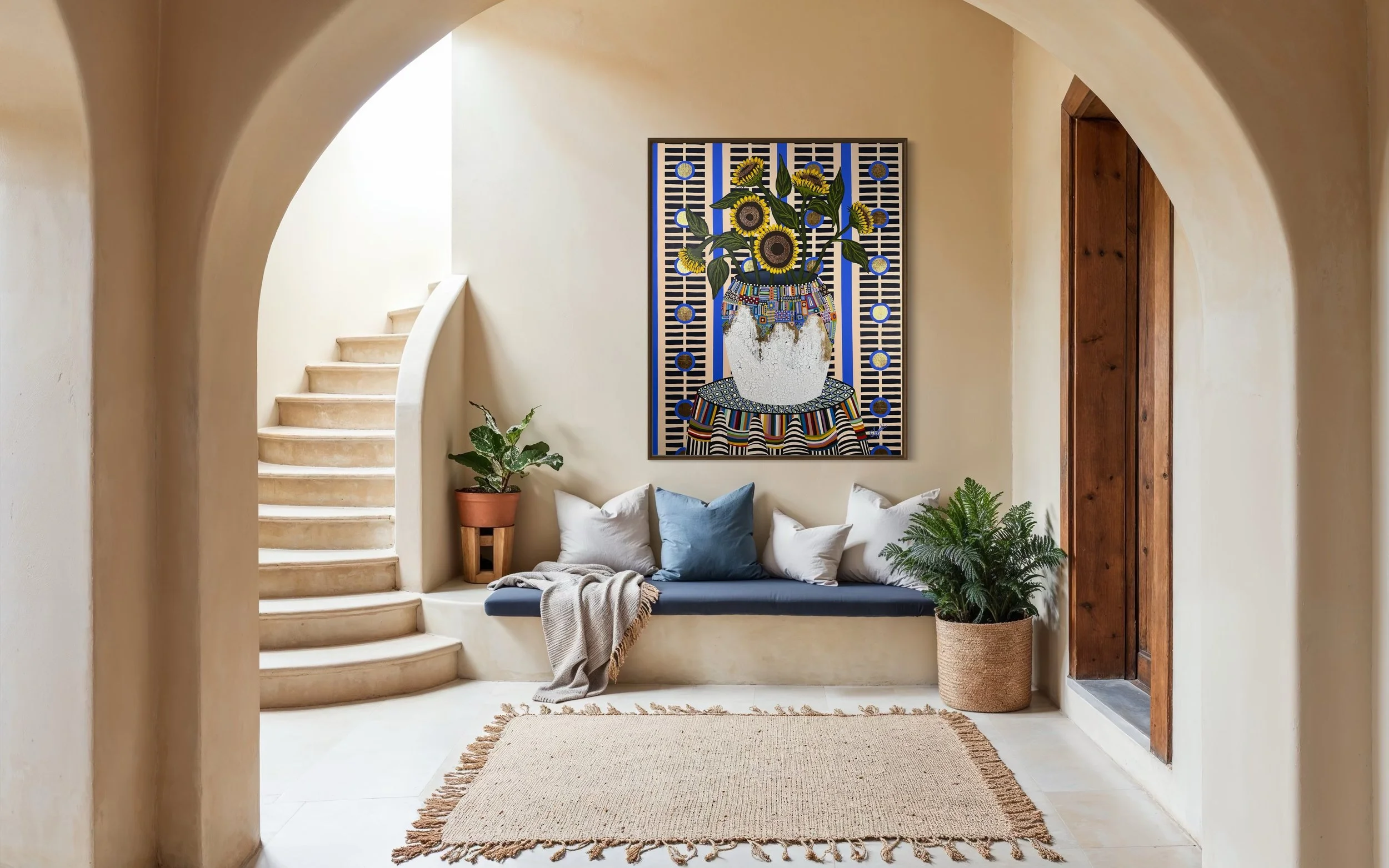 Large colorful floral abstract expressionism style painting with gold foil by Elizabeth Azadi, with a large crackled vase and large sunflowers in a beige room