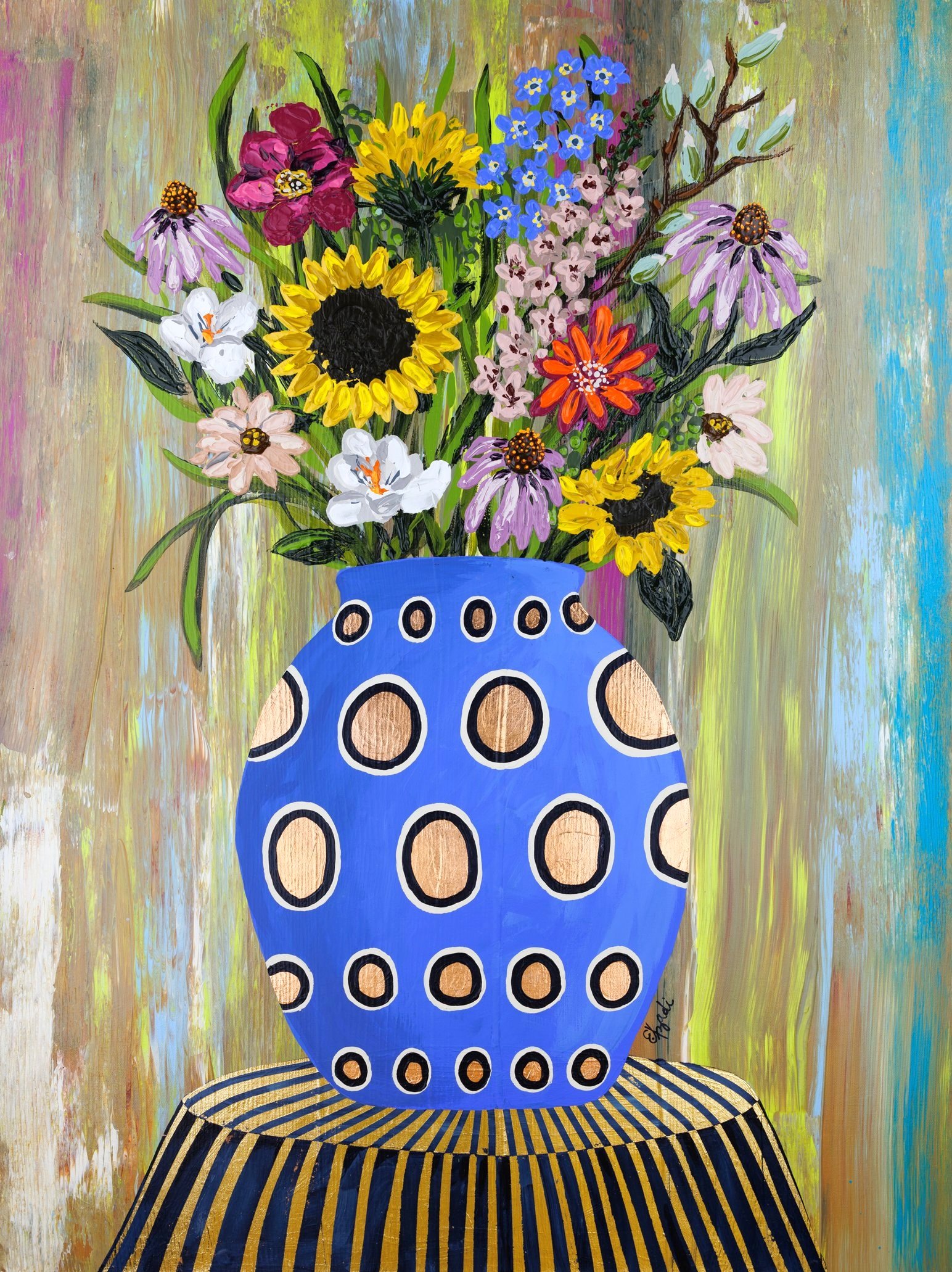 Large colorful floral abstract expressionism style painting by Elizabeth Azadi, expressive abstractions style