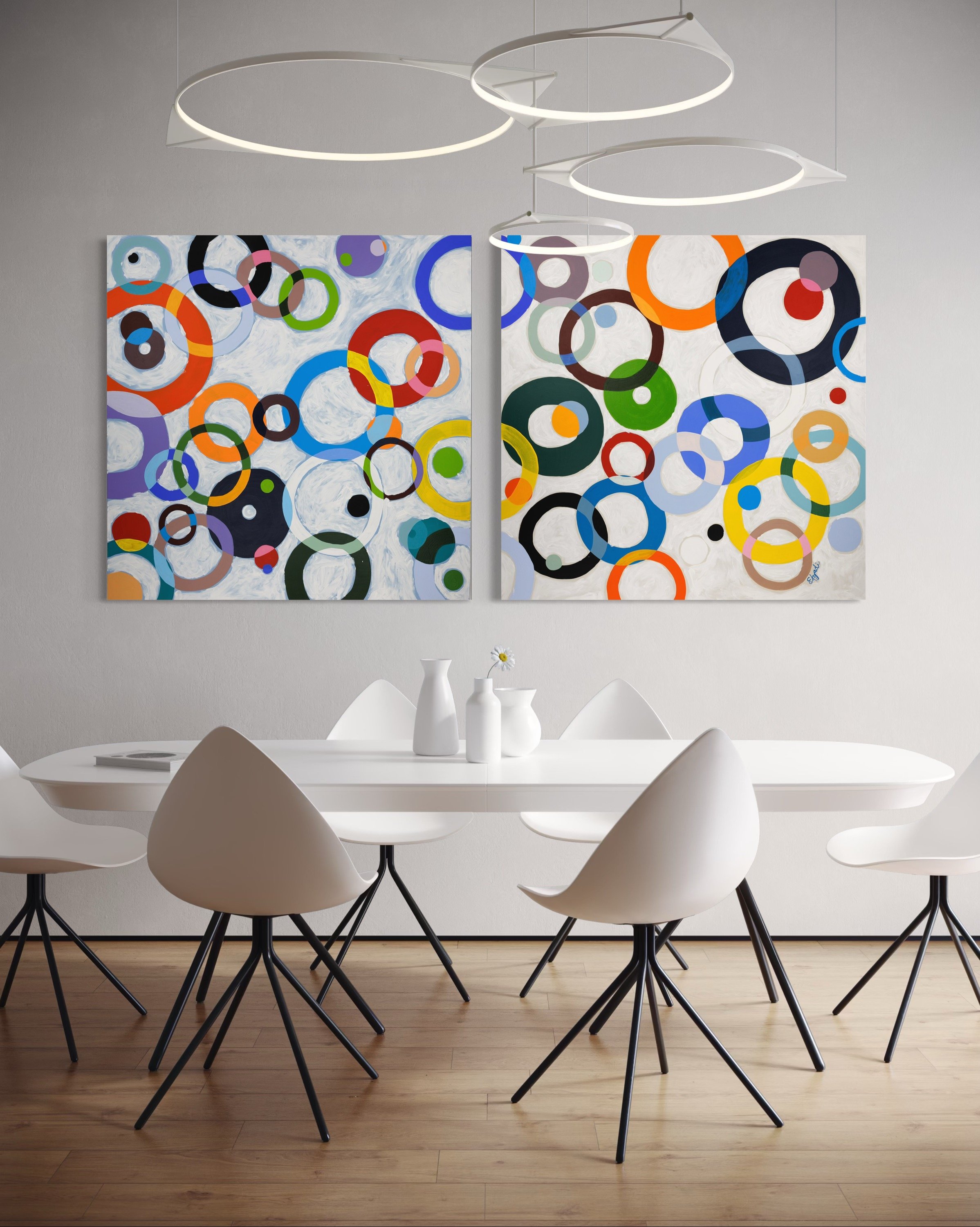Large colorful abstract painting by Elizabeth Azadi, expressive abstractions style, displayed in a modern dining room.