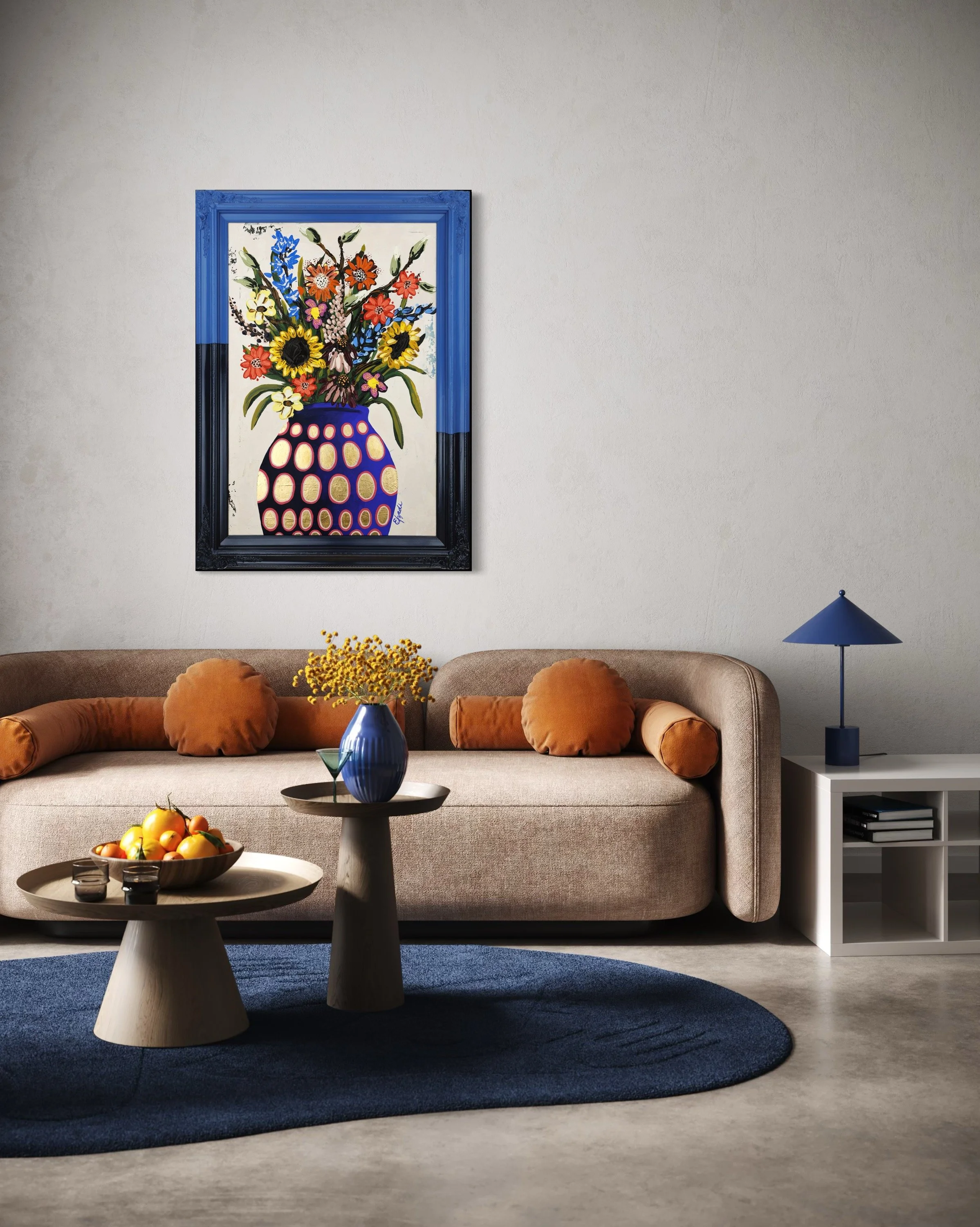 Large colorful floral abstract expressionism style painting by Elizabeth Azadi, expressive abstractions style, displayed in a modern white living room.