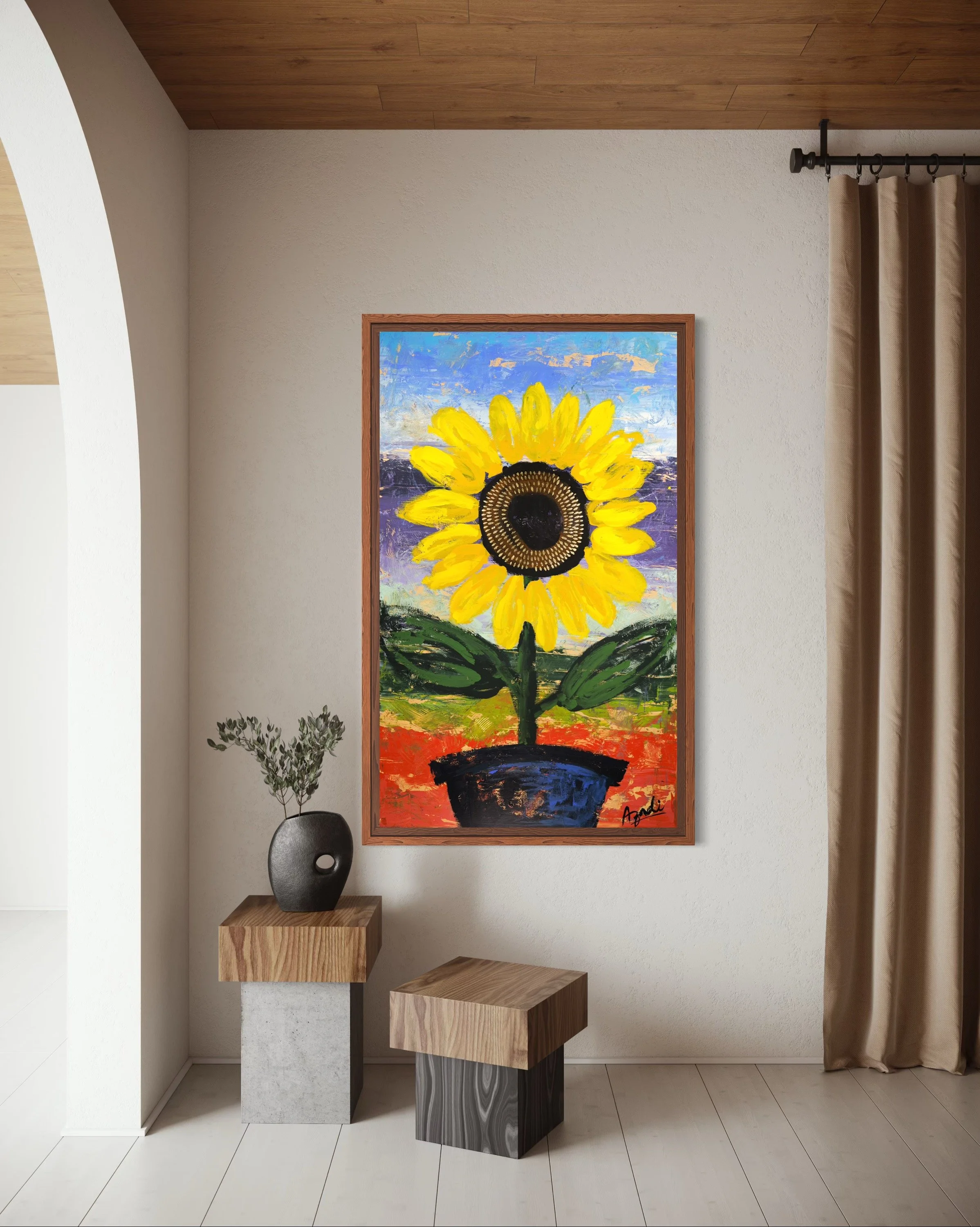 Large colorful floral abstract expressionism style painting by Elizabeth Azadi, expressive abstractions style, displayed in a modern white living room.
