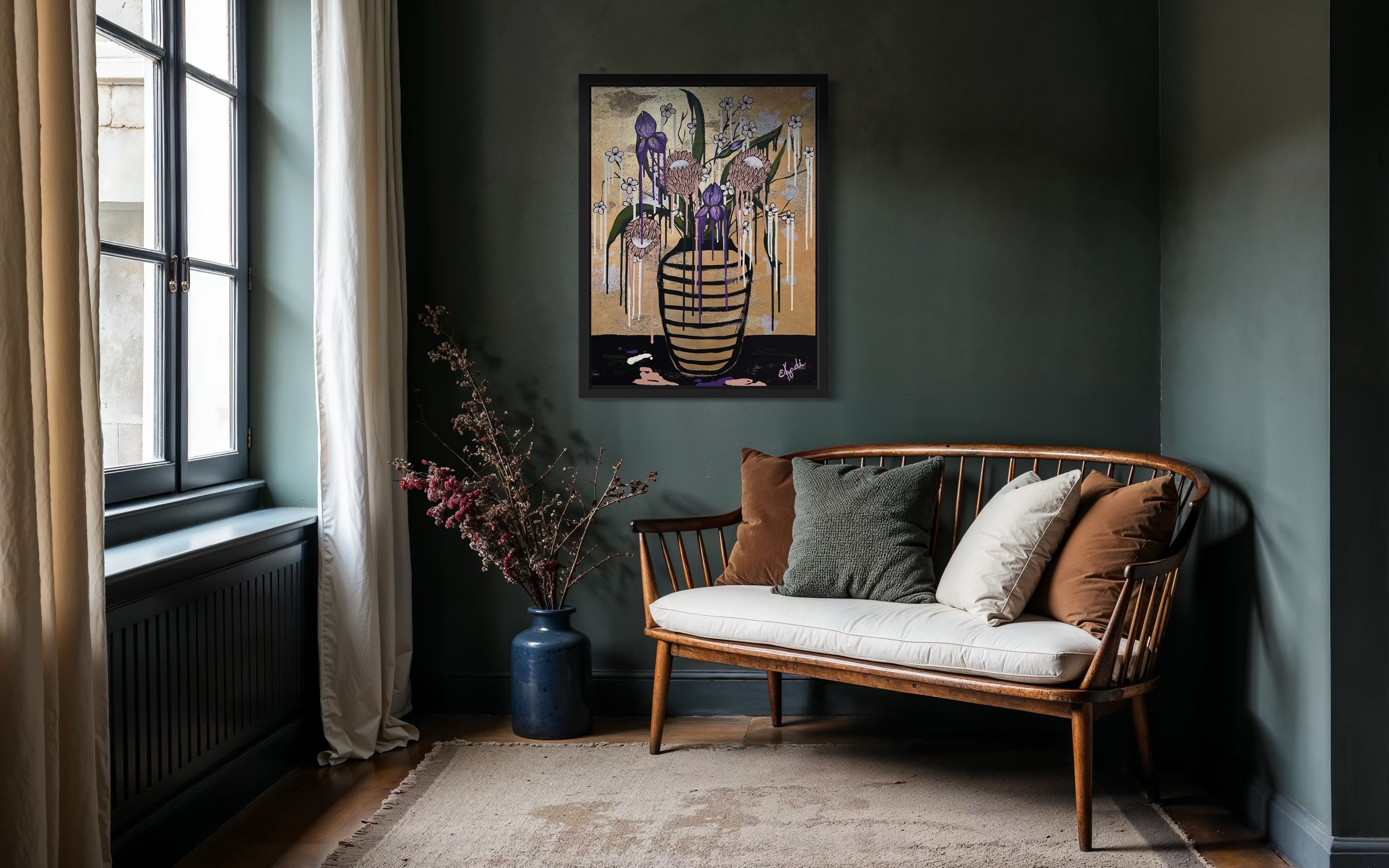 Large colorful floral abstract expressionism style painting with gold foil by Elizabeth Azadi, with a black striped vase and drippy flowers in a gray room with wood furniture