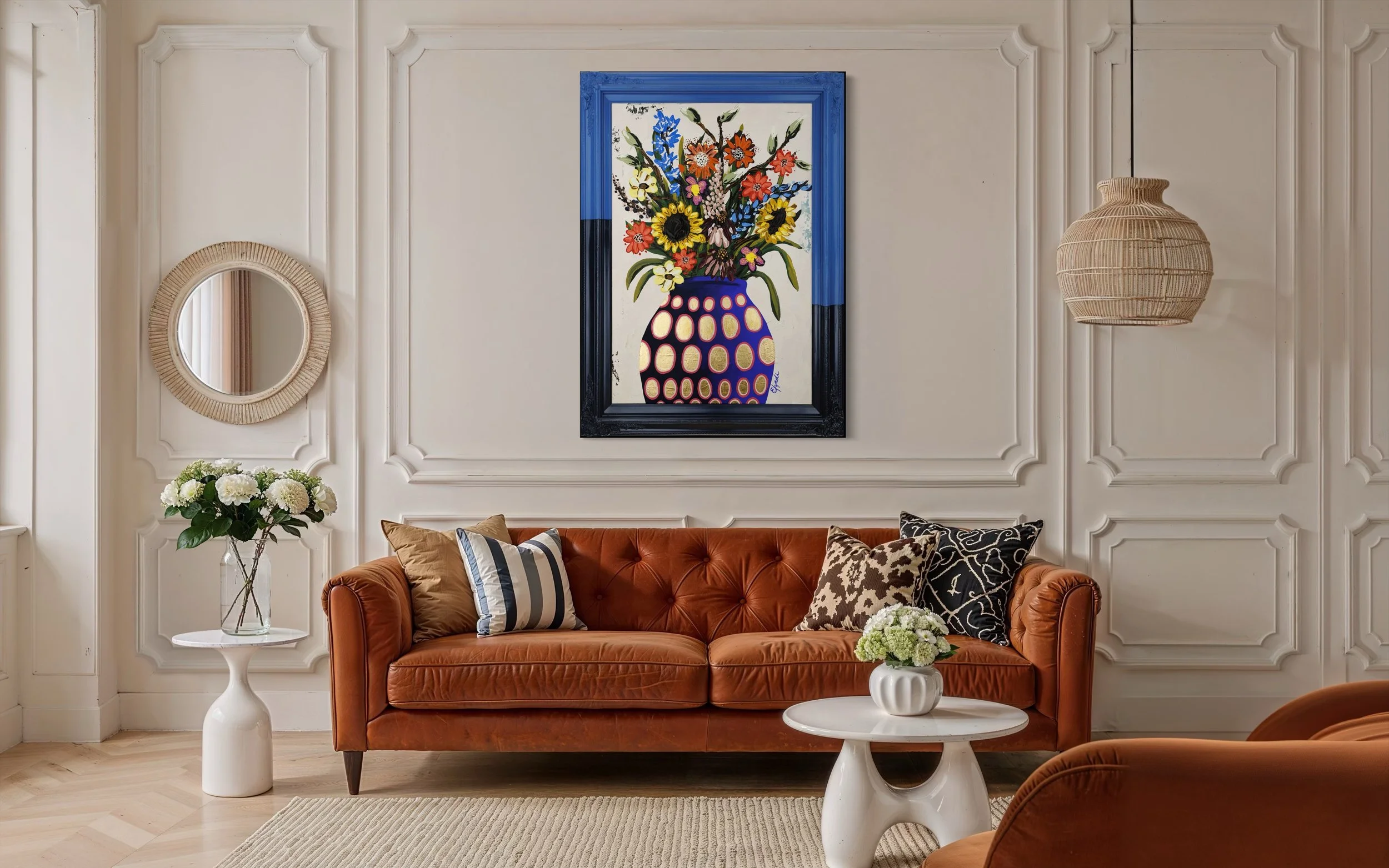 Large colorful floral abstract expressionism style painting by Elizabeth Azadi, expressive abstractions style, displayed in a classic beige living room.