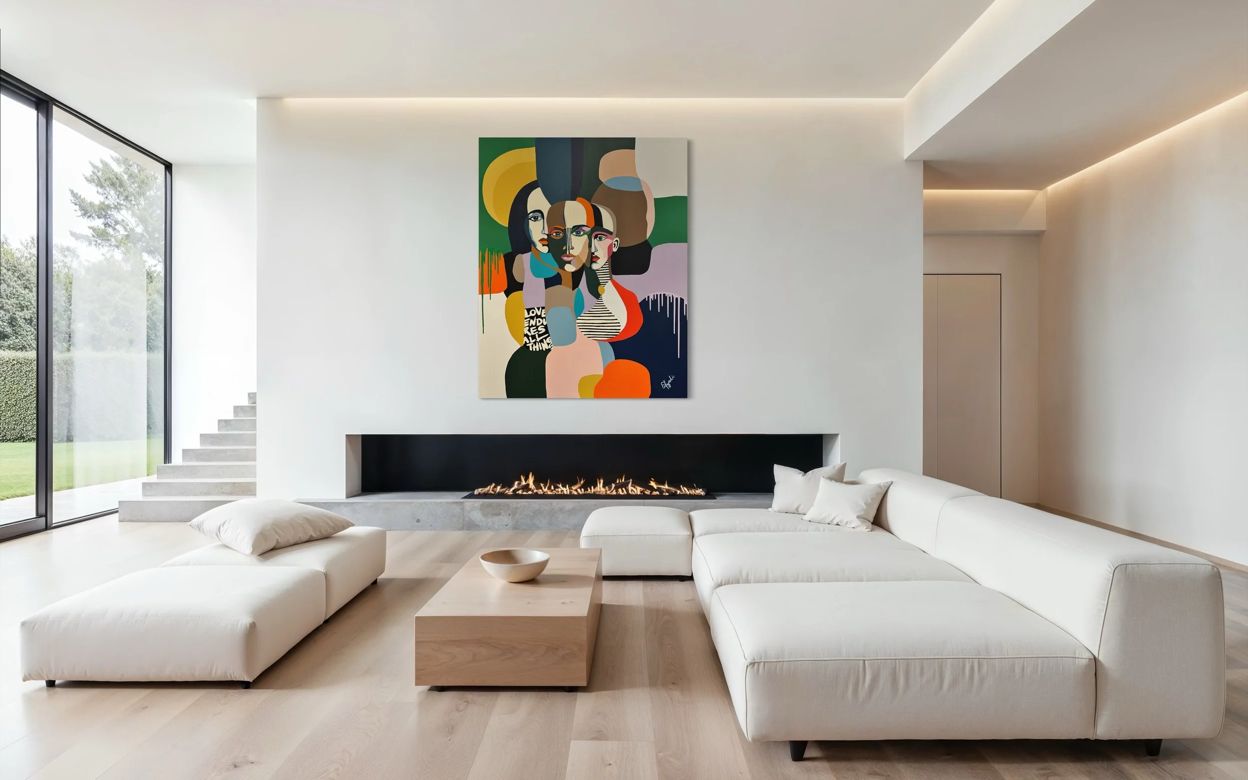 Modern colorful figurative pop art style painting by Elizabeth Azadi, pop art style in a white modern living with a fireplace room