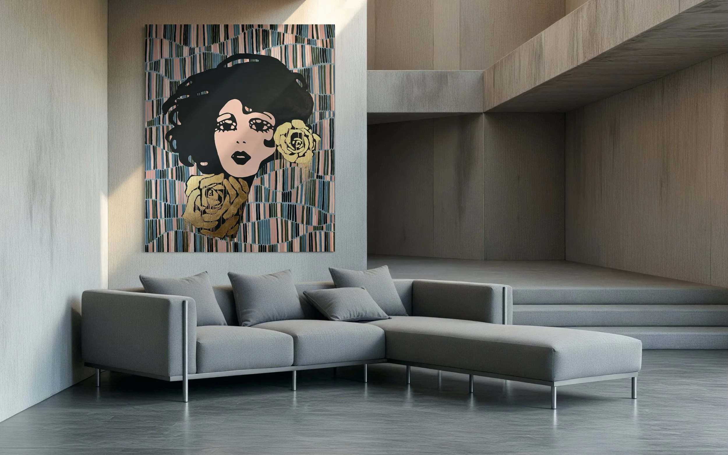 Modern living room with gray sectional sofa and large wall art of a woman's face with yellow roses on a geometric background.