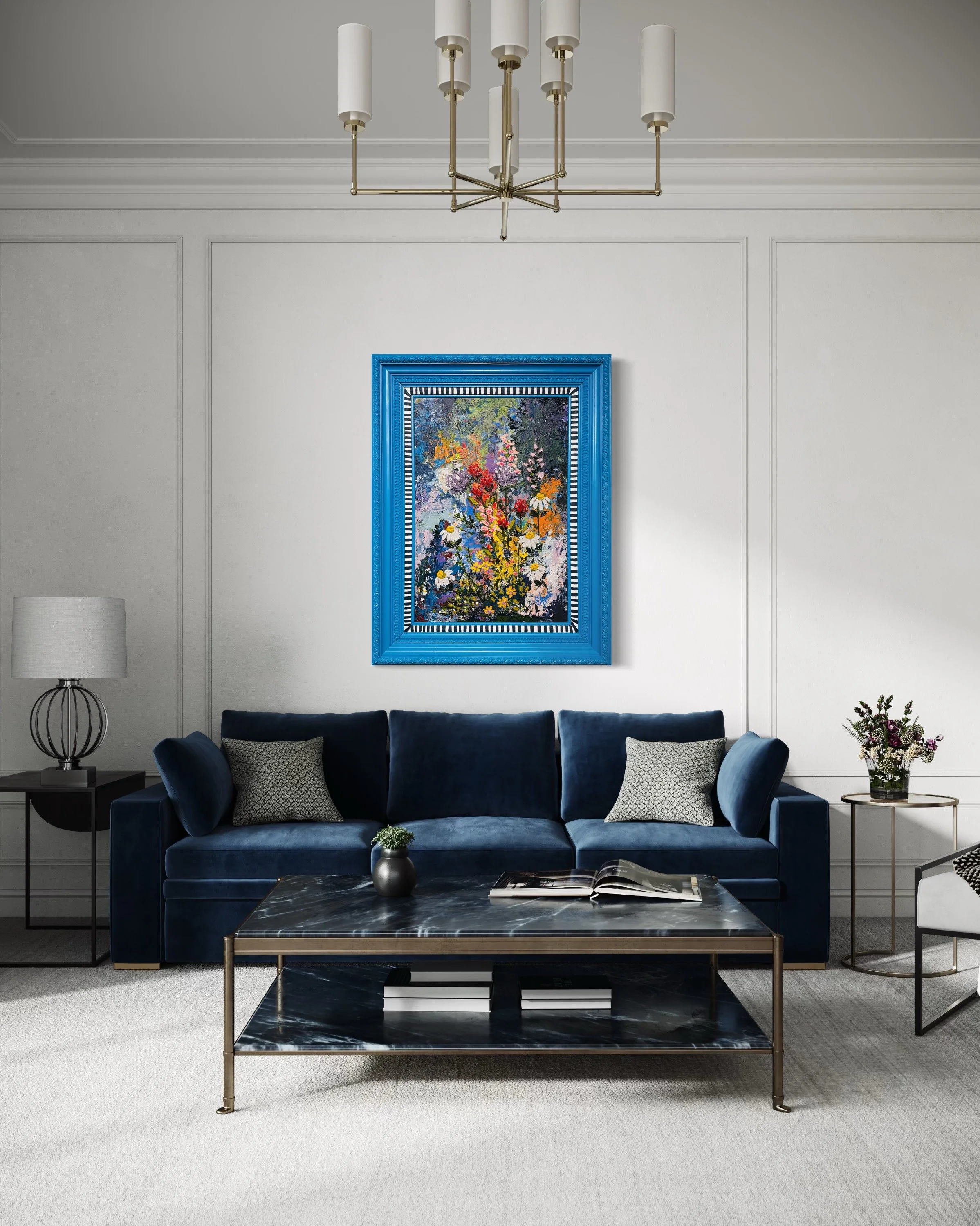 Large colorful floral abstract expressionism style painting by Elizabeth Azadi, expressive abstractions style, displayed in a modern white living room