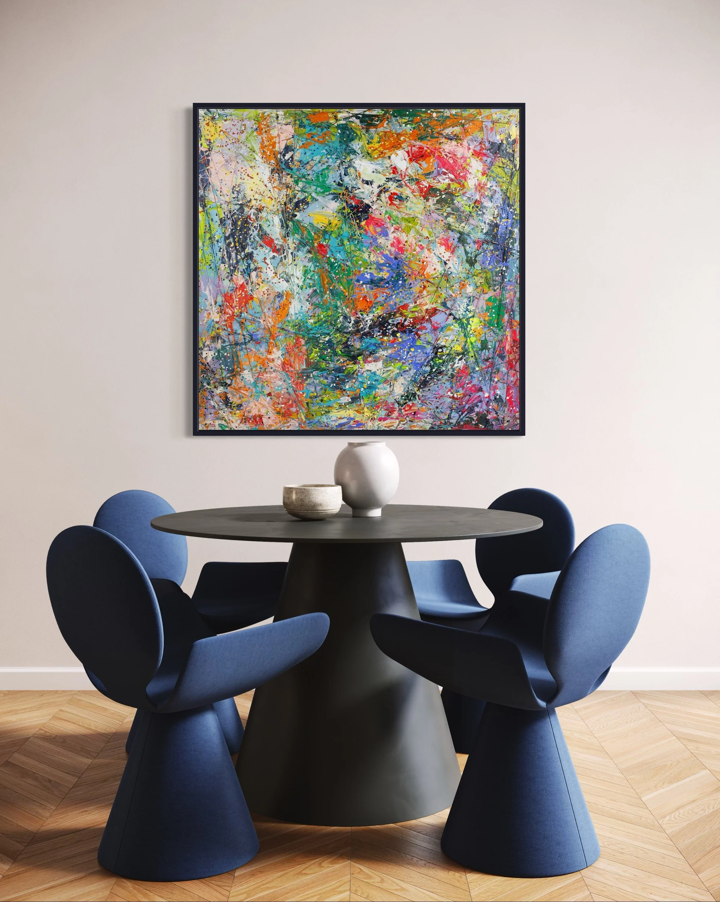 Large colorful abstract expressionism style painting by Elizabeth Azadi, mixed media painting in a gray dining room with modern furniture.