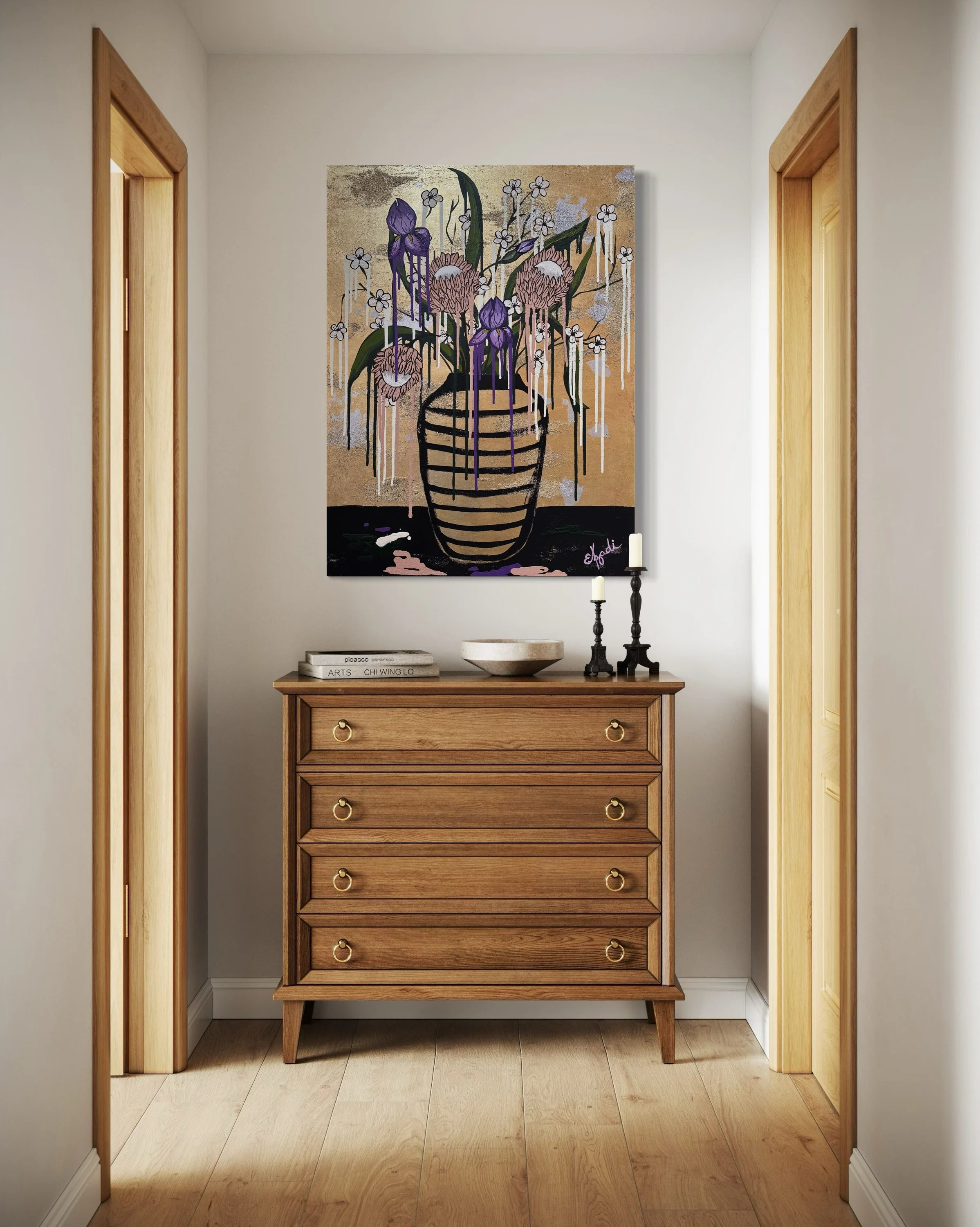 Large colorful floral abstract expressionism style painting with gold foil by Elizabeth Azadi, with a black striped vase and drippy flowers in a hallway