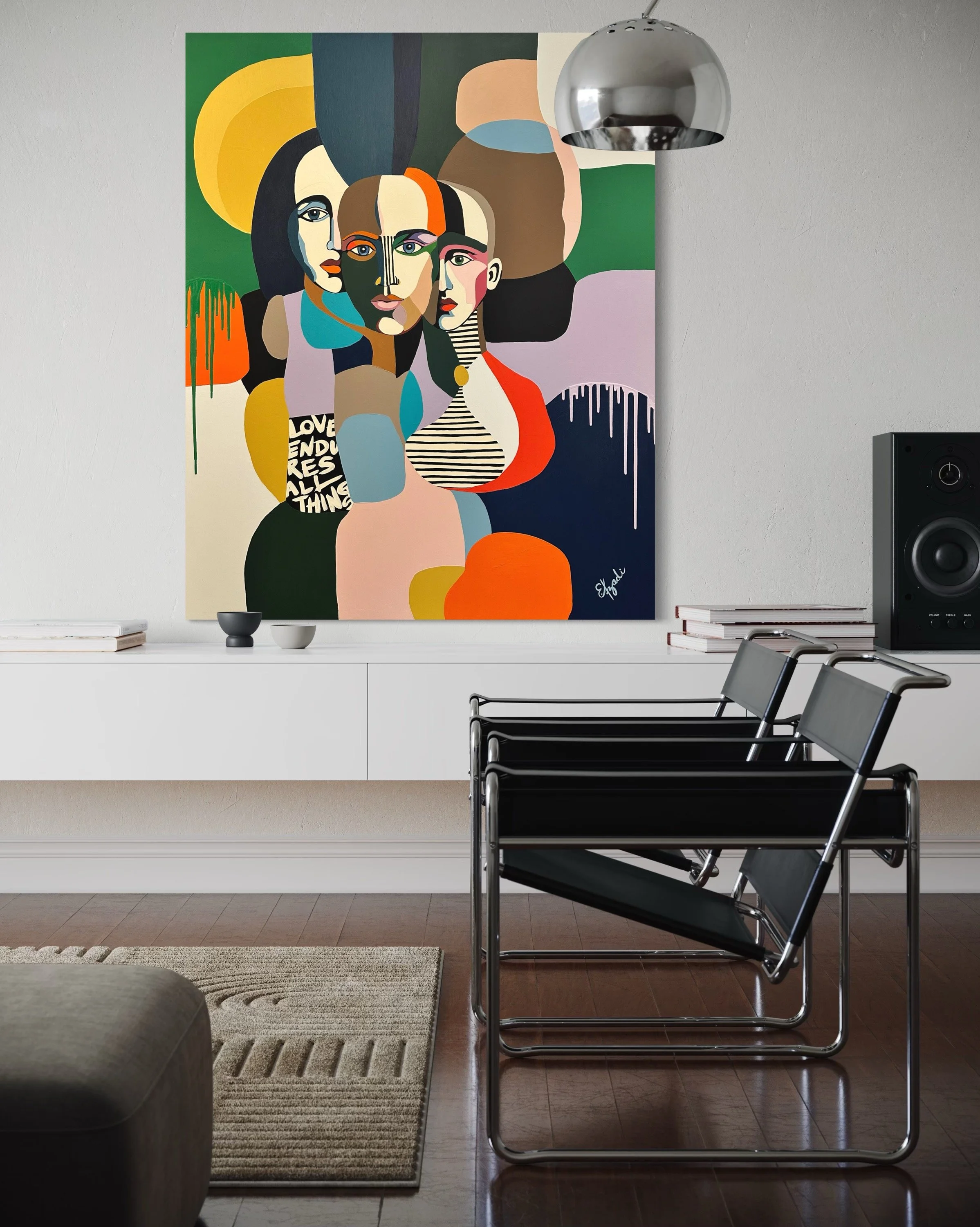Modern colorful figurative pop art style painting by Elizabeth Azadi, pop art style in a white modern living room