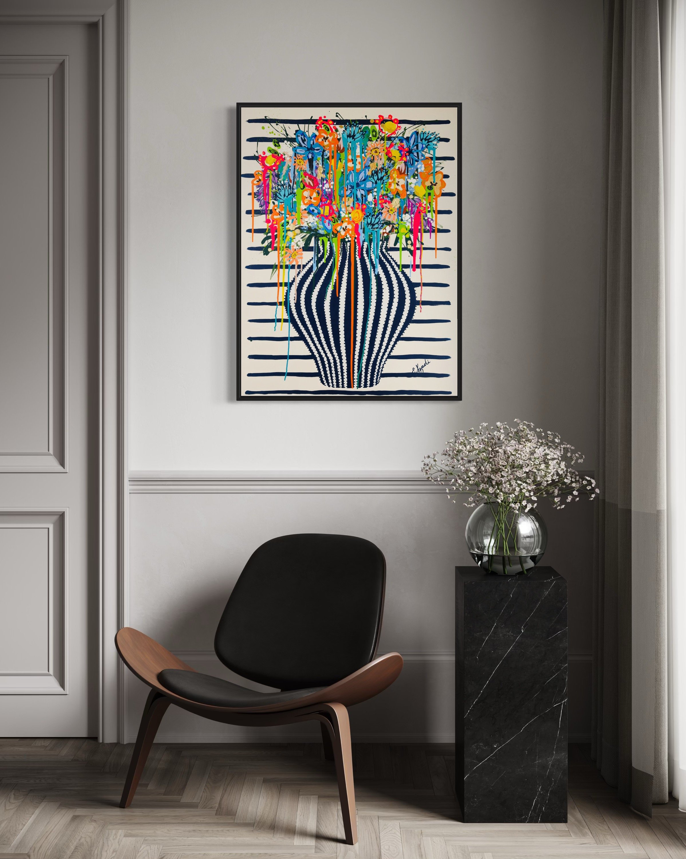 Large colorful floral abstract expressionism style painting by Elizabeth Azadi, with a navy blue and white striped vase and drippy flowers in a room with gray walls