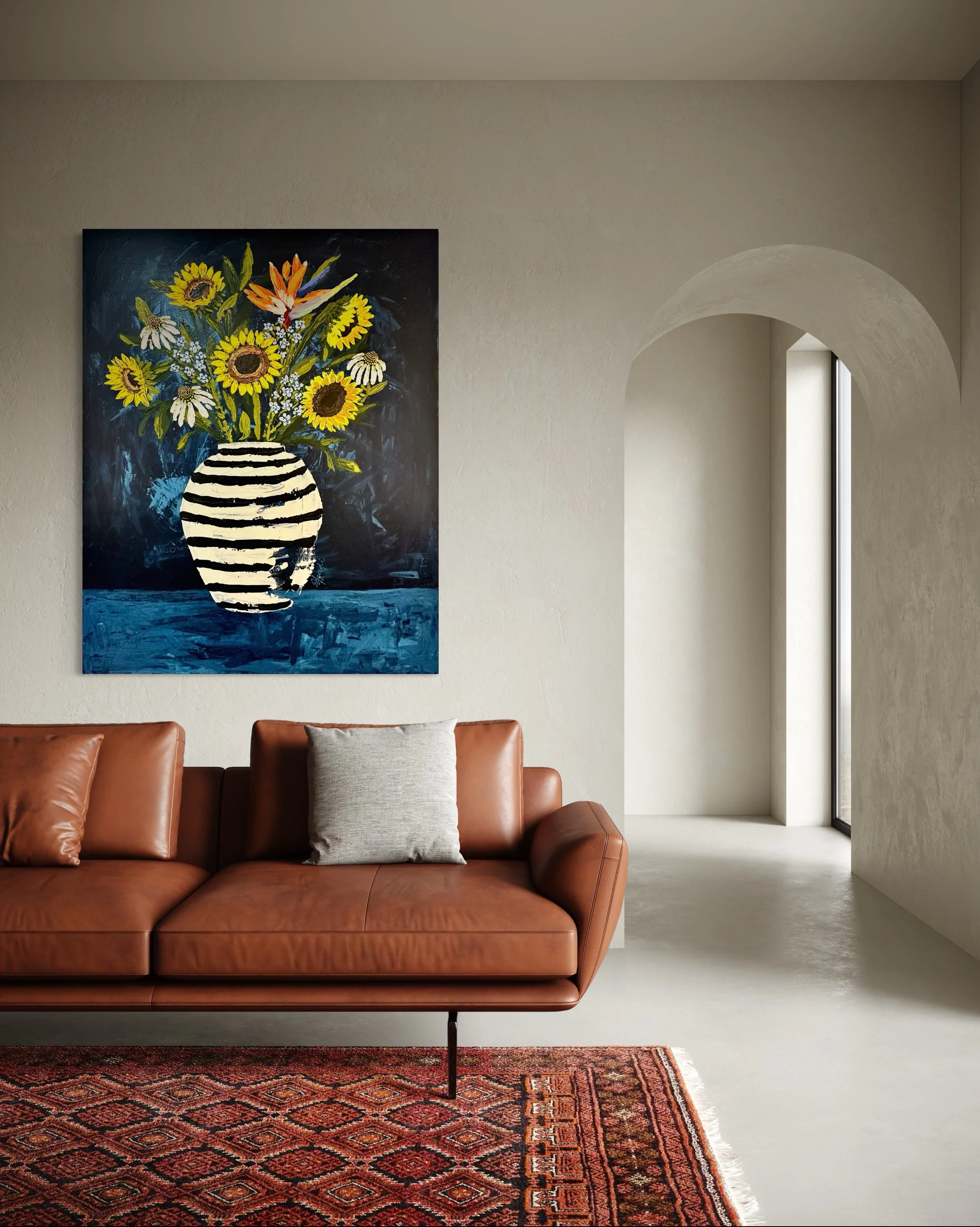 Large colorful floral abstract expressionism style painting by Elizabeth Azadi, expressive abstractions style, displayed in a modern faux painted beige living room.