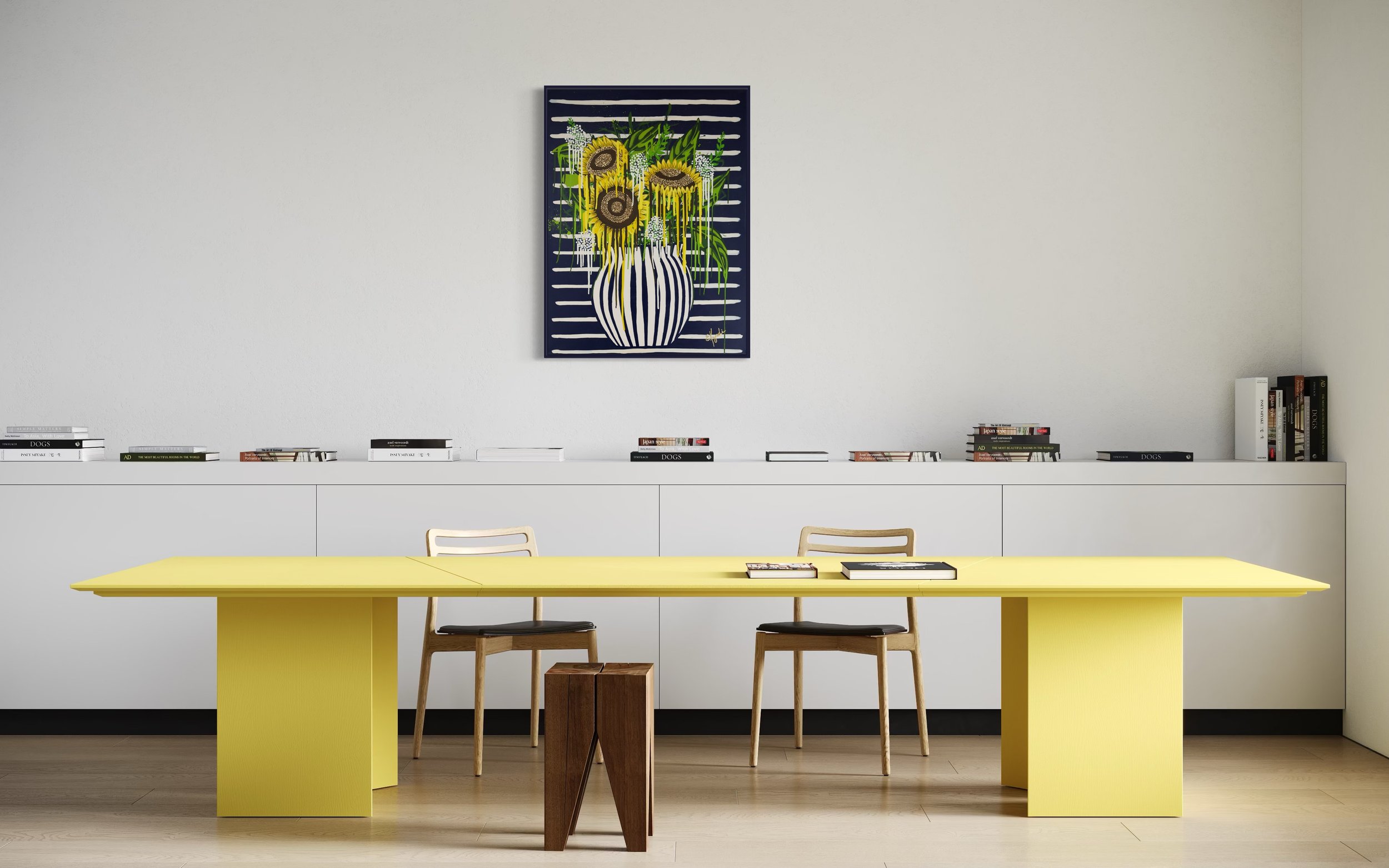 Large colorful floral abstract expressionism style painting by Elizabeth Azadi, with a navy blue and white striped vase and drippy flowers in a room with white walls and modern yellow furniture