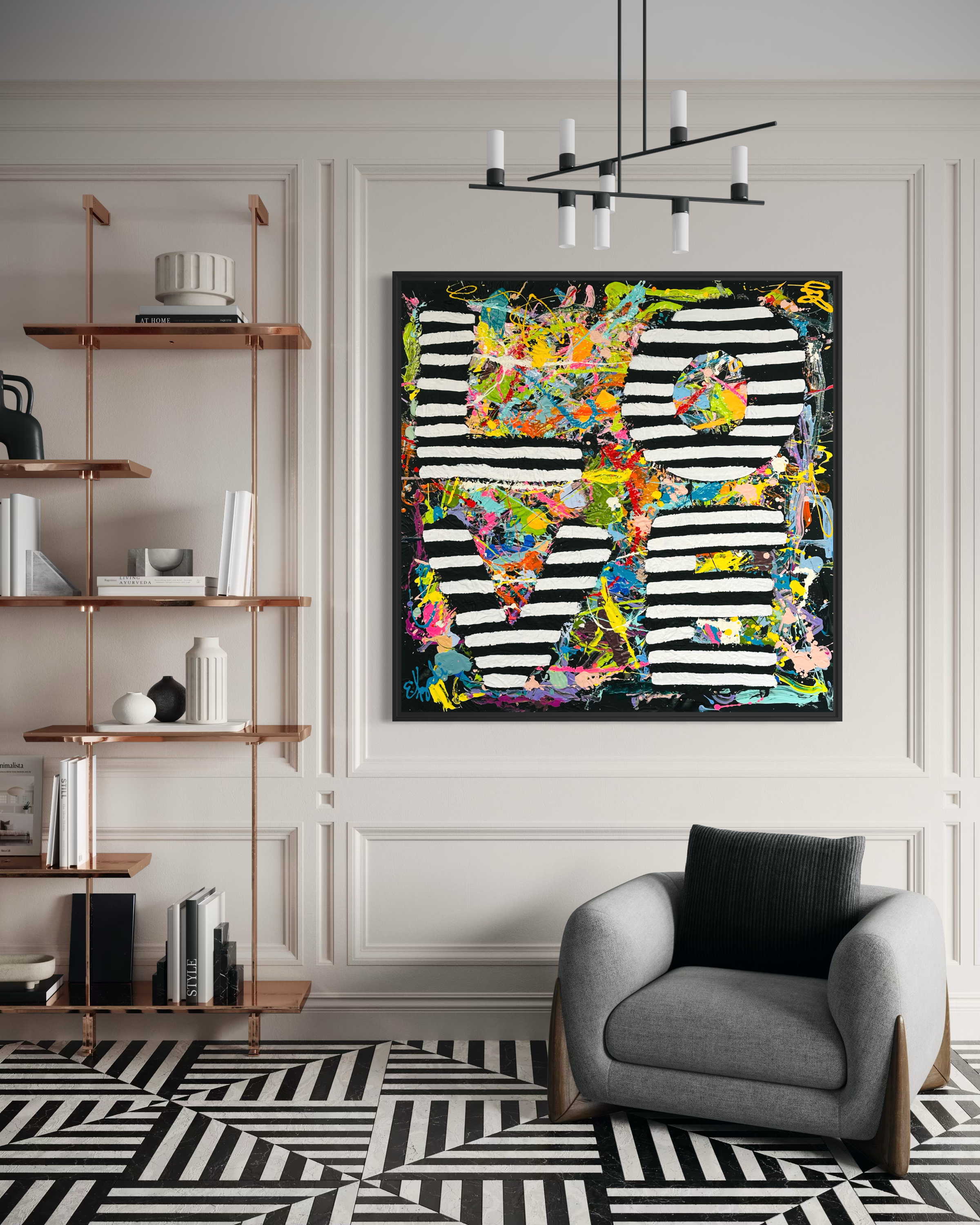 Large colorful abstract painting by Elizabeth Azadi, expressive abstractions style in modern white living room with a geometric rug in black and white