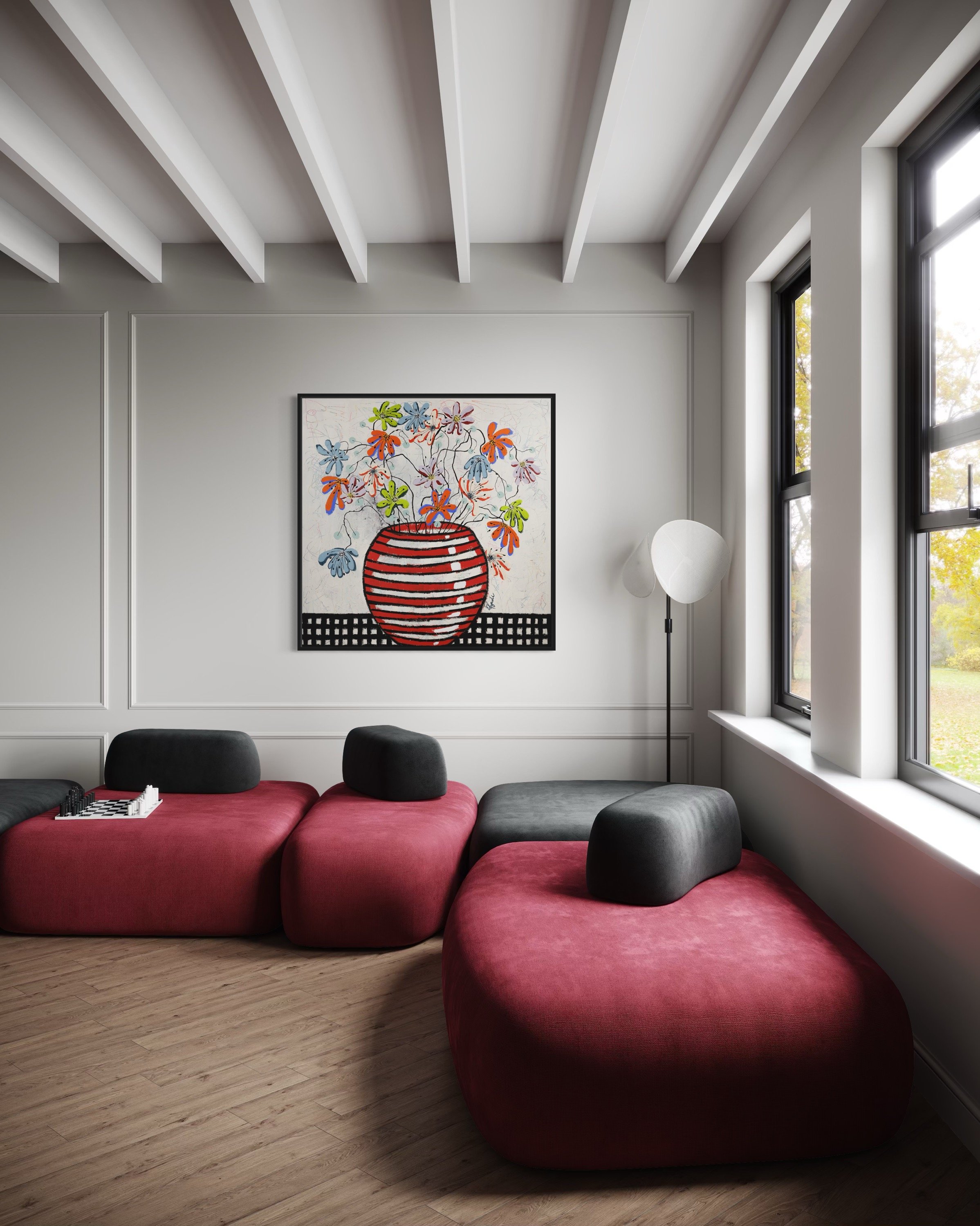 Large colorful floral abstract expressionism style painting by Elizabeth Azadi, expressive abstractions style, displayed in a modern gray living room with big plush modern furniture