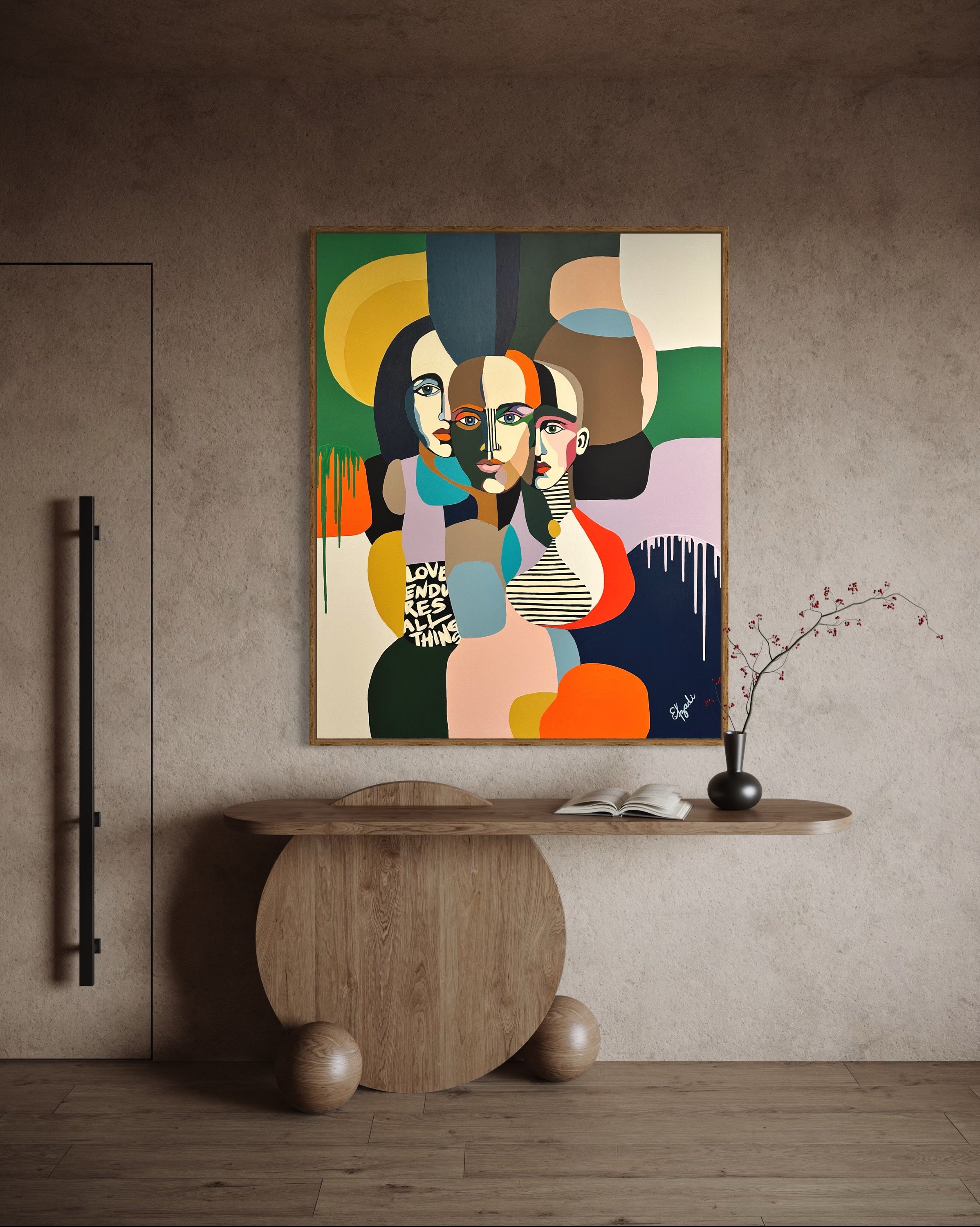Modern colorful figurative pop art style painting by Elizabeth Azadi, pop art style in a tan modern foyer and hallway