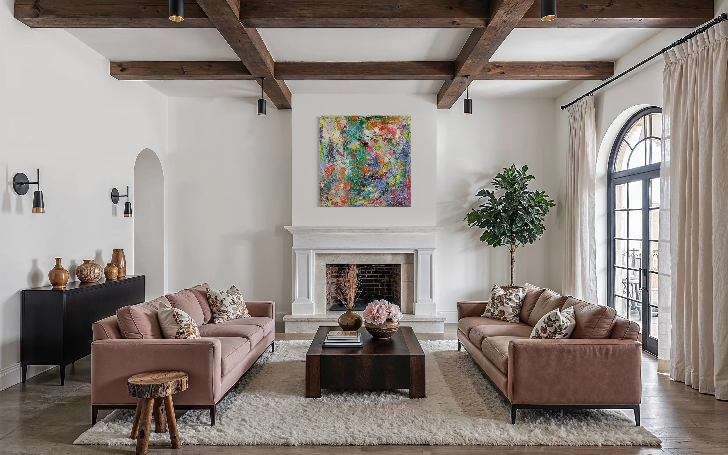 Large colorful abstract expressionism style painting by Elizabeth Azadi, mixed media painting in a white living room with modern furniture.