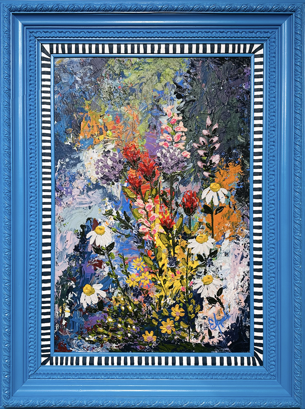 Large colorful floral abstract expressionism style painting by Elizabeth Azadi, framed in a ornate blue frame with nay and white stripes