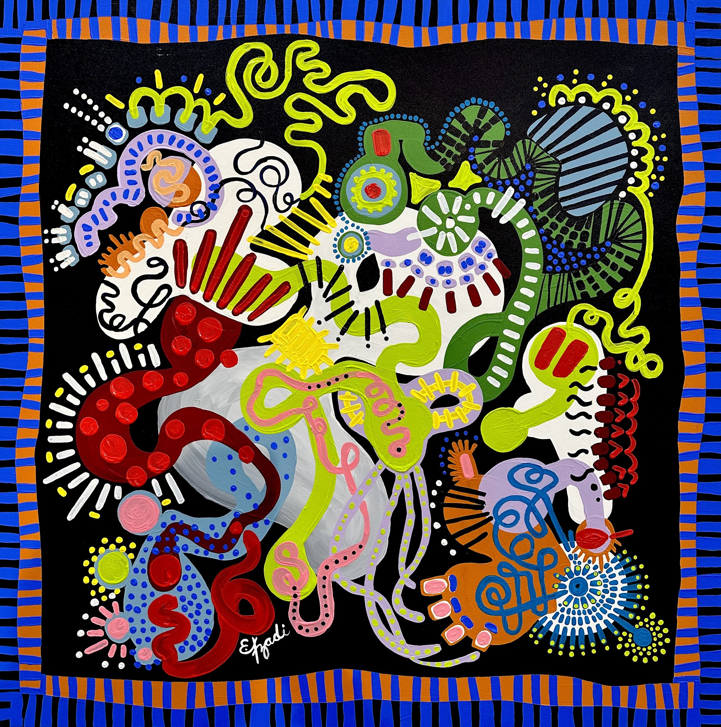 Large colorful abstract expressionism style painting by Elizabeth Azadi, expressive abstractions style with organic shapes