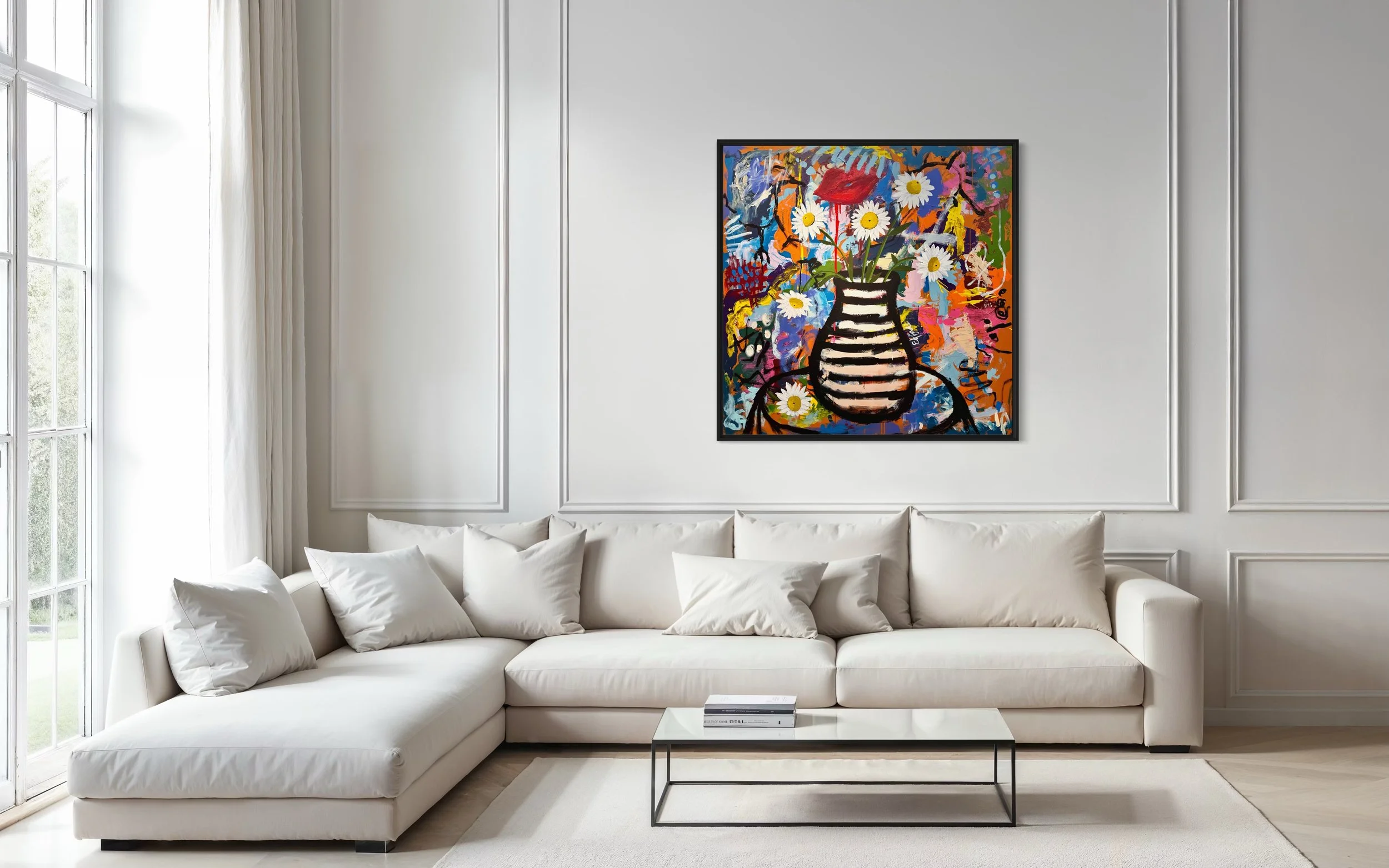 Large colorful floral abstract expressionism style painting by Elizabeth Azadi, expressive abstractions style, displayed in a modern white living room with clean white modern furniture.