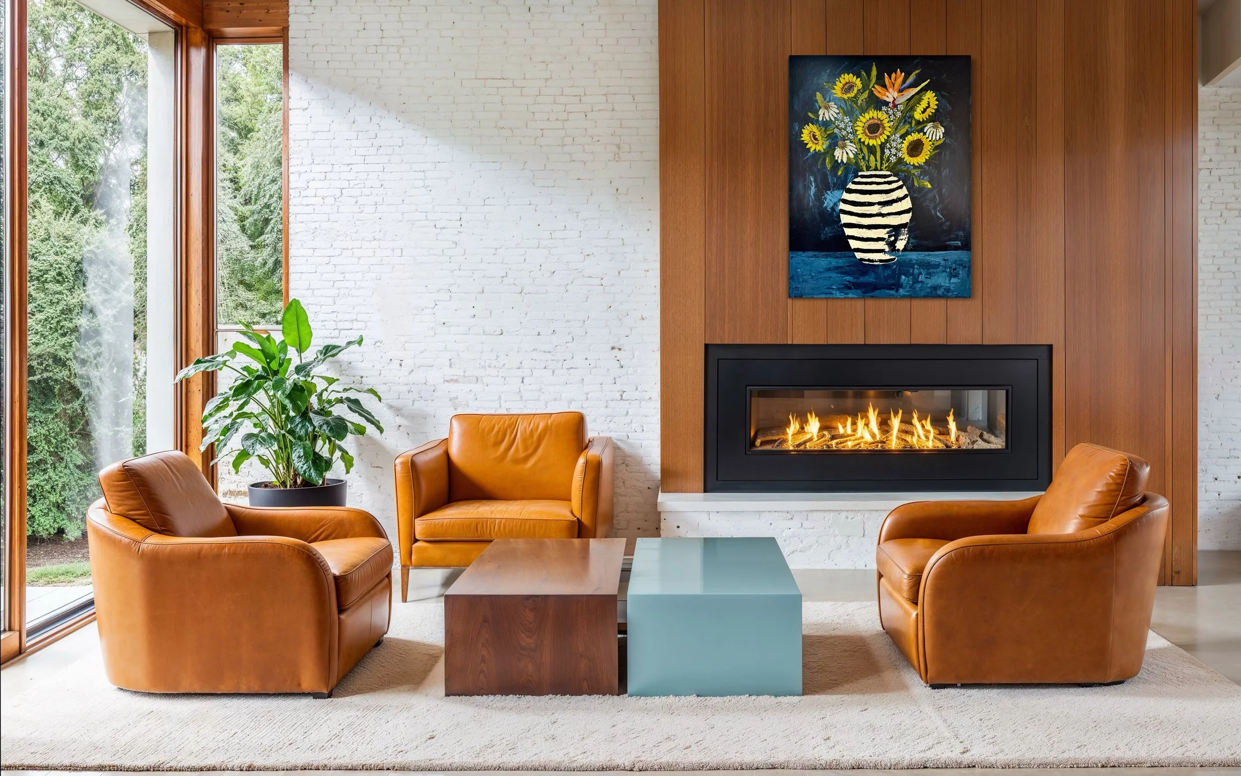 Large colorful floral abstract expressionism style painting by Elizabeth Azadi, expressive abstractions style, displayed in a modern white brick living room with mid-century style furniture, wood paneling, and a beautiful warm fireplace.