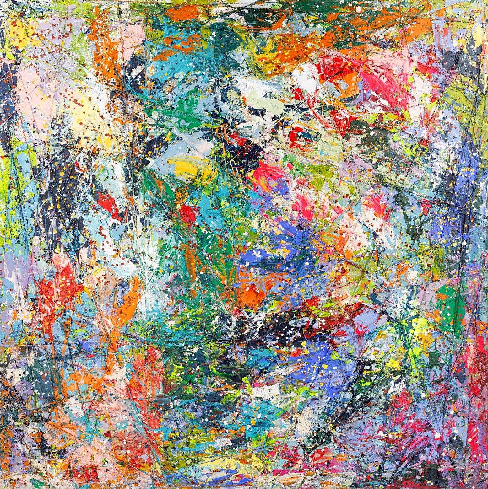 Large colorful abstract expressionism style painting by Elizabeth Azadi, mixed media painting.