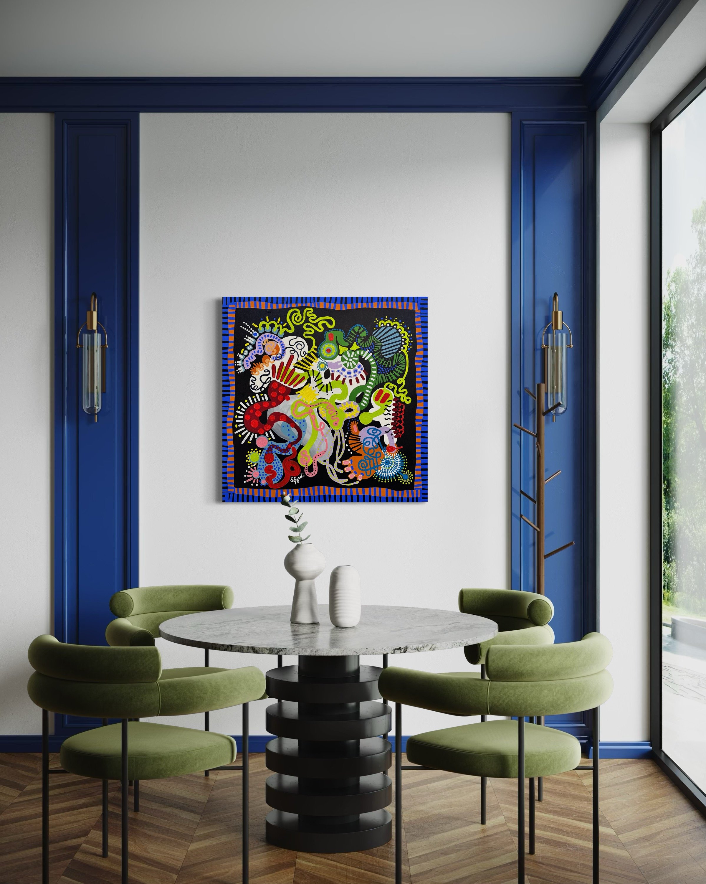 Large colorful abstract expressionism style painting by Elizabeth Azadi, expressive abstractions style, displayed in a modern white dining room with blue wood paneling and modern furnishings.