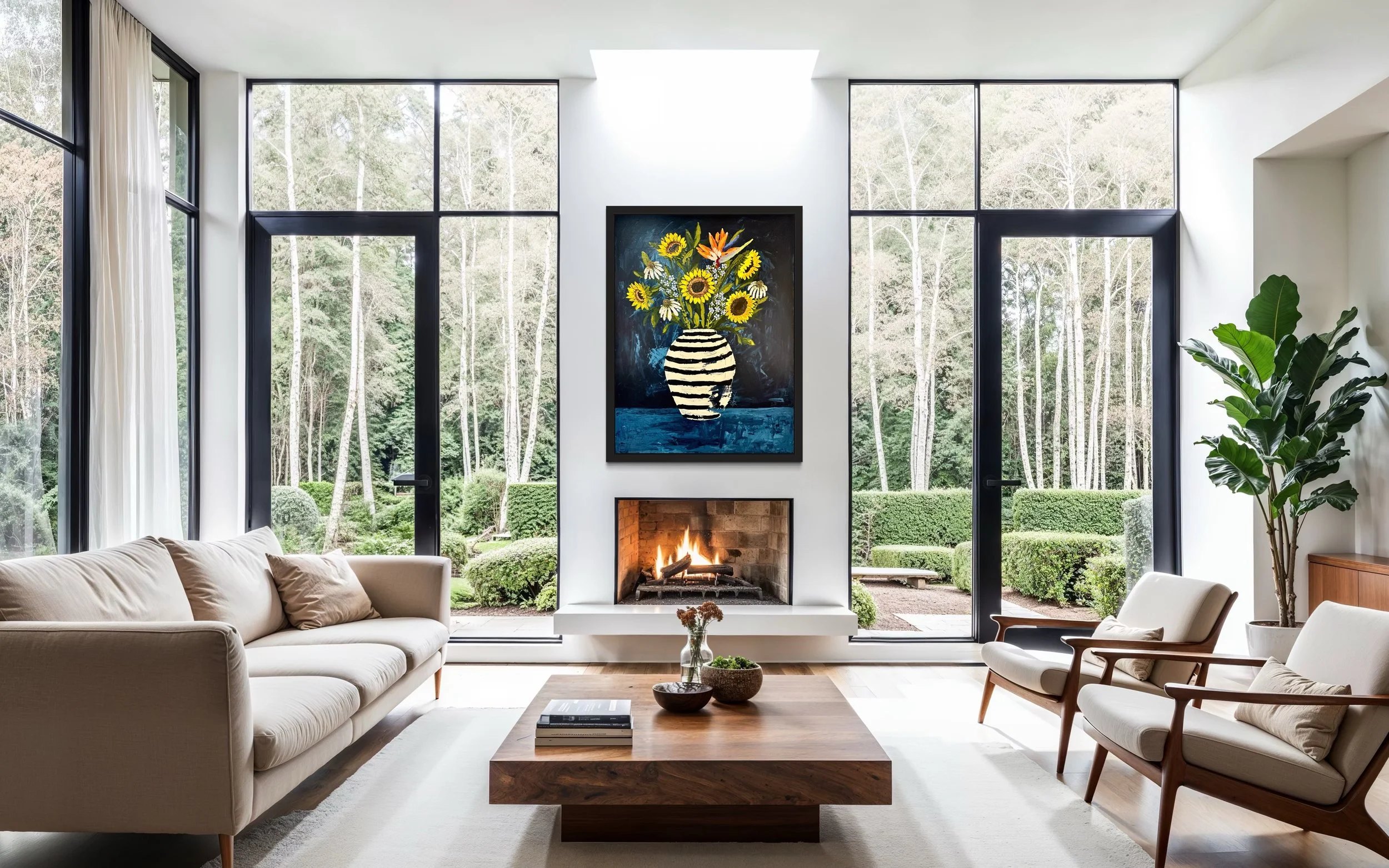 Large colorful floral abstract expressionism style painting by Elizabeth Azadi, expressive abstractions style, displayed in a modern white living room with Mid-Century Style Furniture