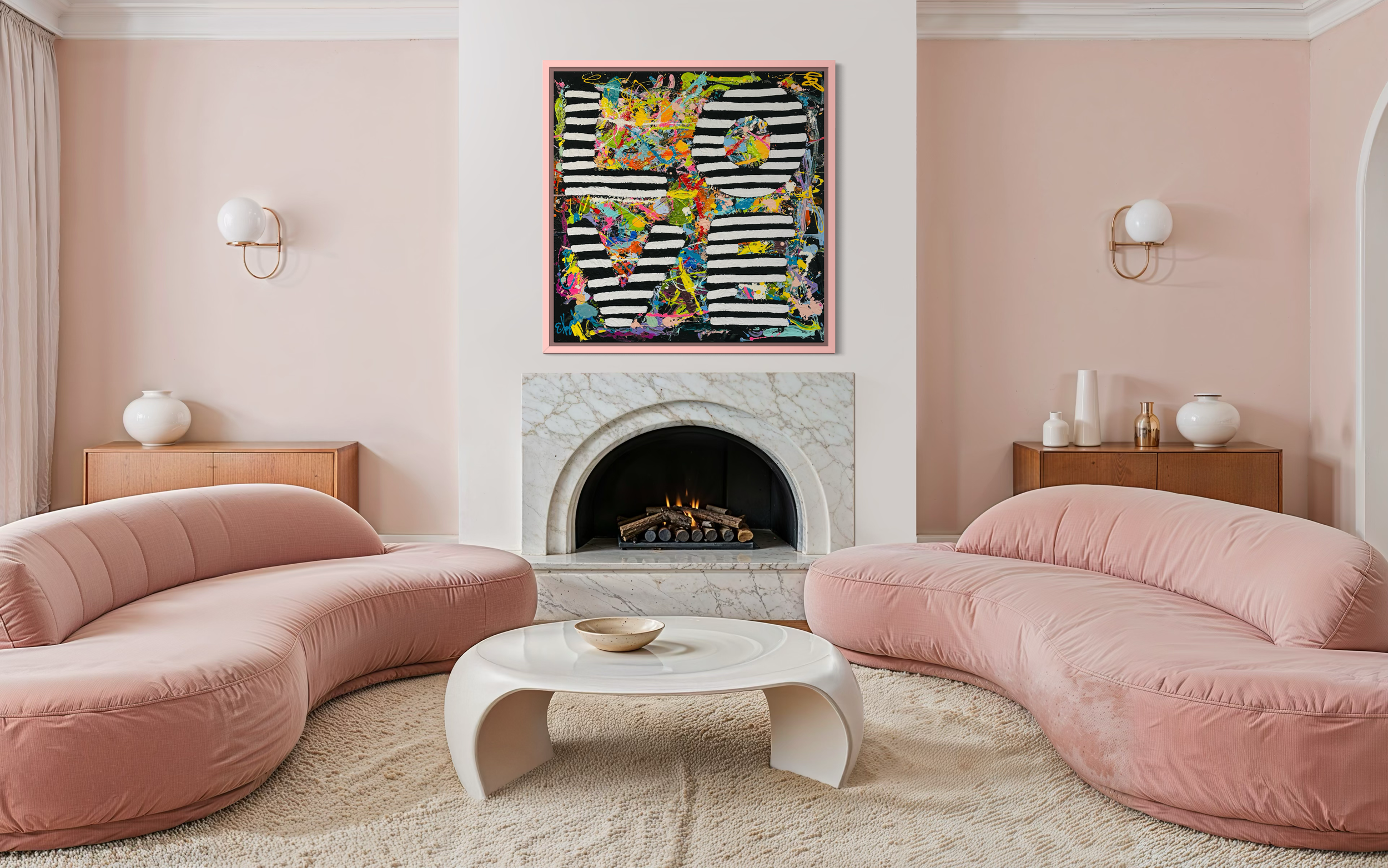 Large colorful abstract painting by Elizabeth Azadi, expressive abstractions style in modern pink living room with plush pink sooversized sofas, modern furniture and a white marble fireplace