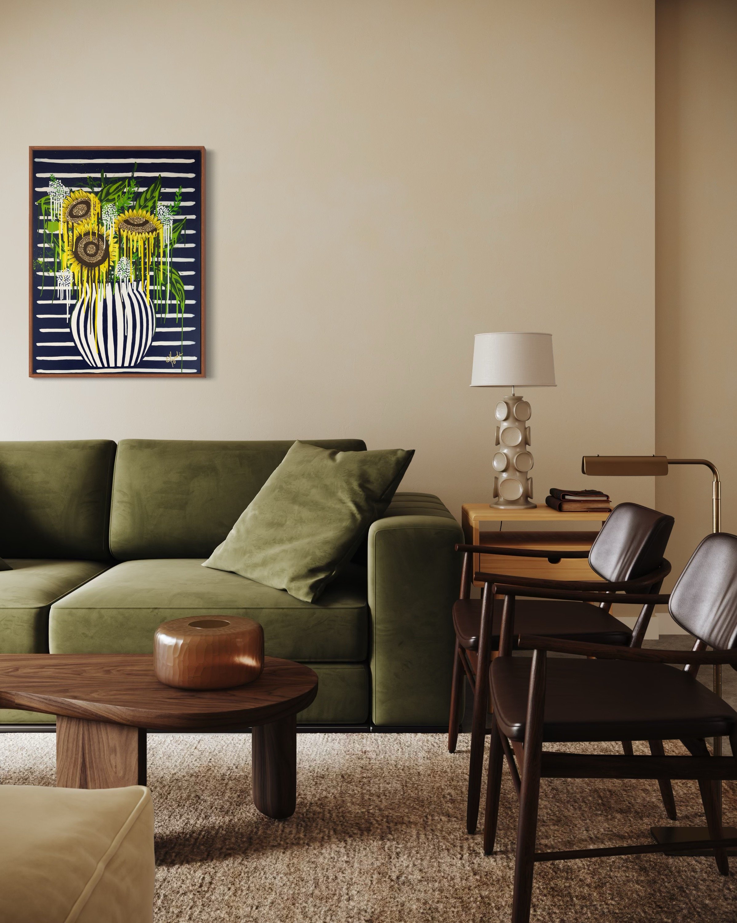 Large colorful floral abstract expressionism style painting by Elizabeth Azadi, with a navy blue and white striped vase and drippy flowers in a room with tan wall.