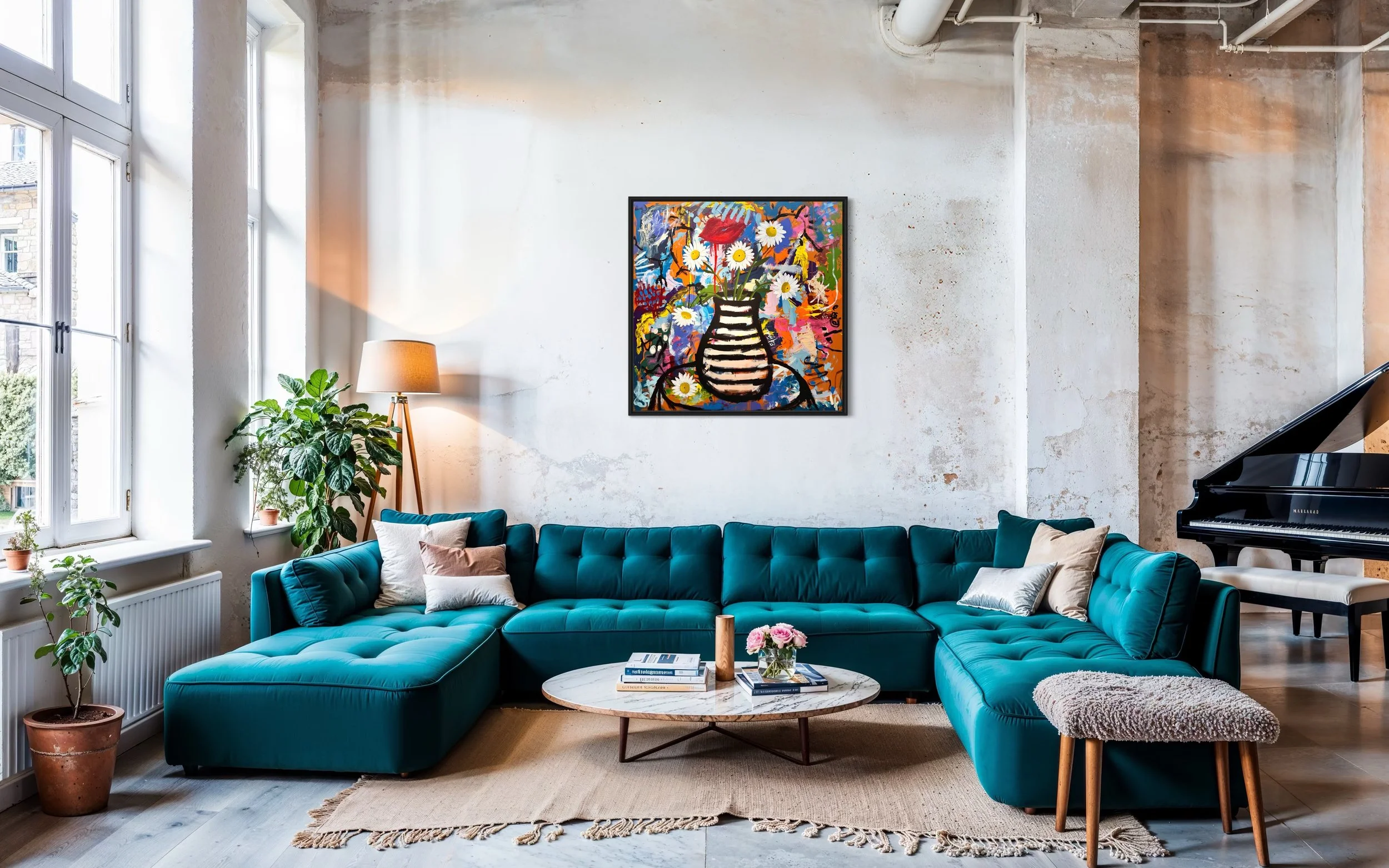 Large colorful floral abstract expressionism style painting by Elizabeth Azadi, expressive abstractions style, displayed in a modern modern living room with concrete walls and large turquoise sectional sofa. .