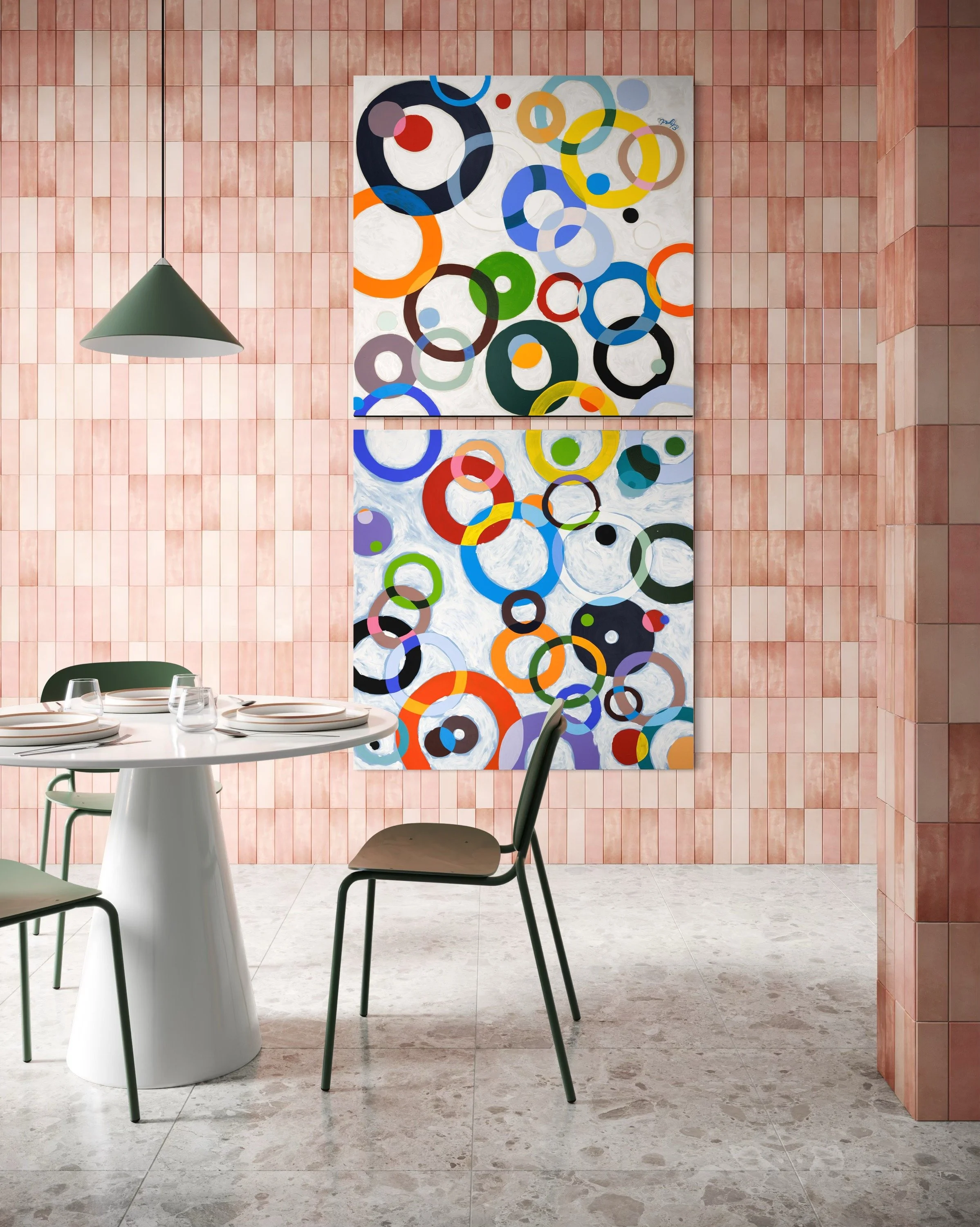 Large colorful abstract painting by Elizabeth Azadi, expressive abstractions style, displayed in a modern dining room.