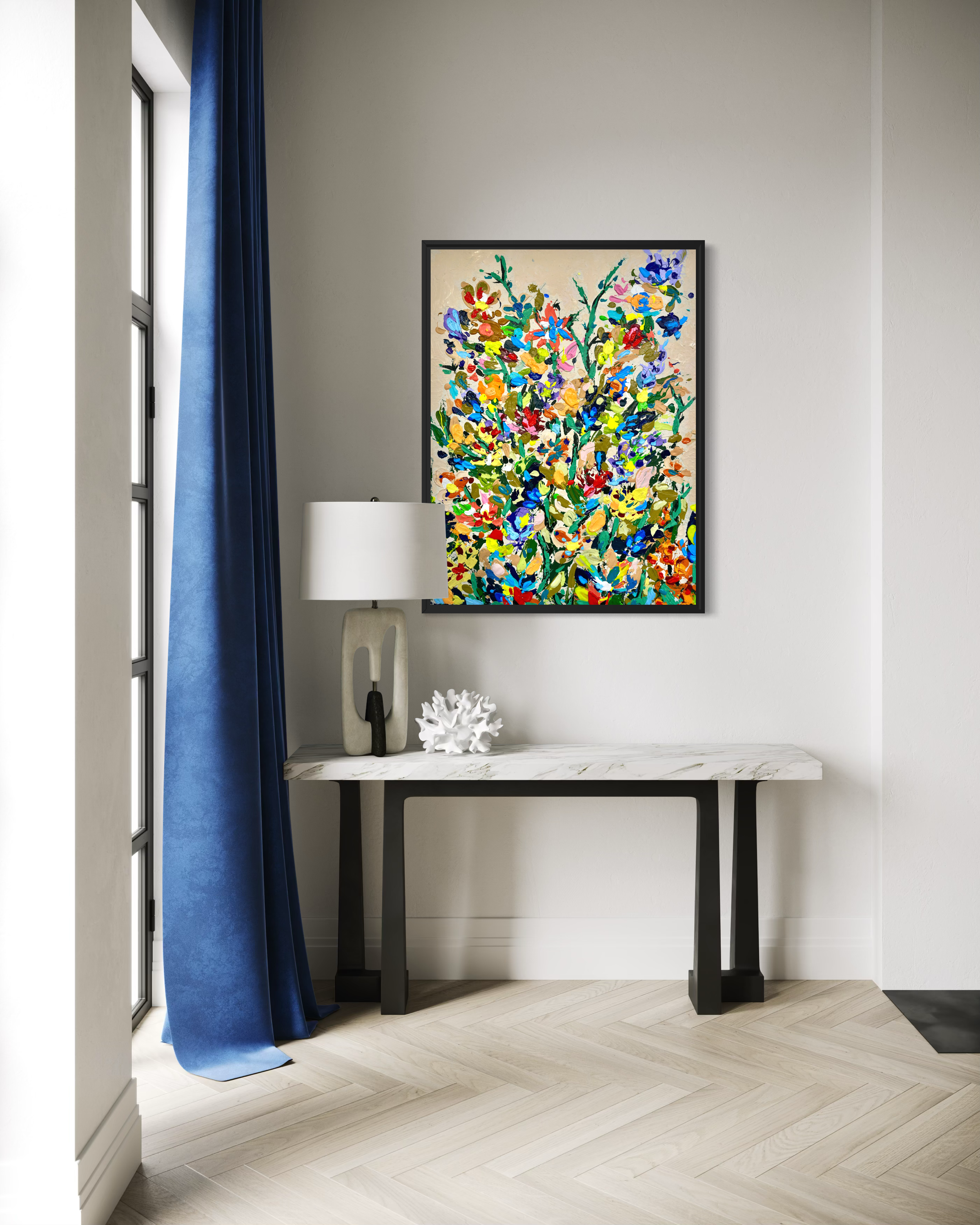 Large colorful floral abstract expressionism style painting with by Elizabeth Azadi, with a colorful wildflower arrangement in a modern white living room