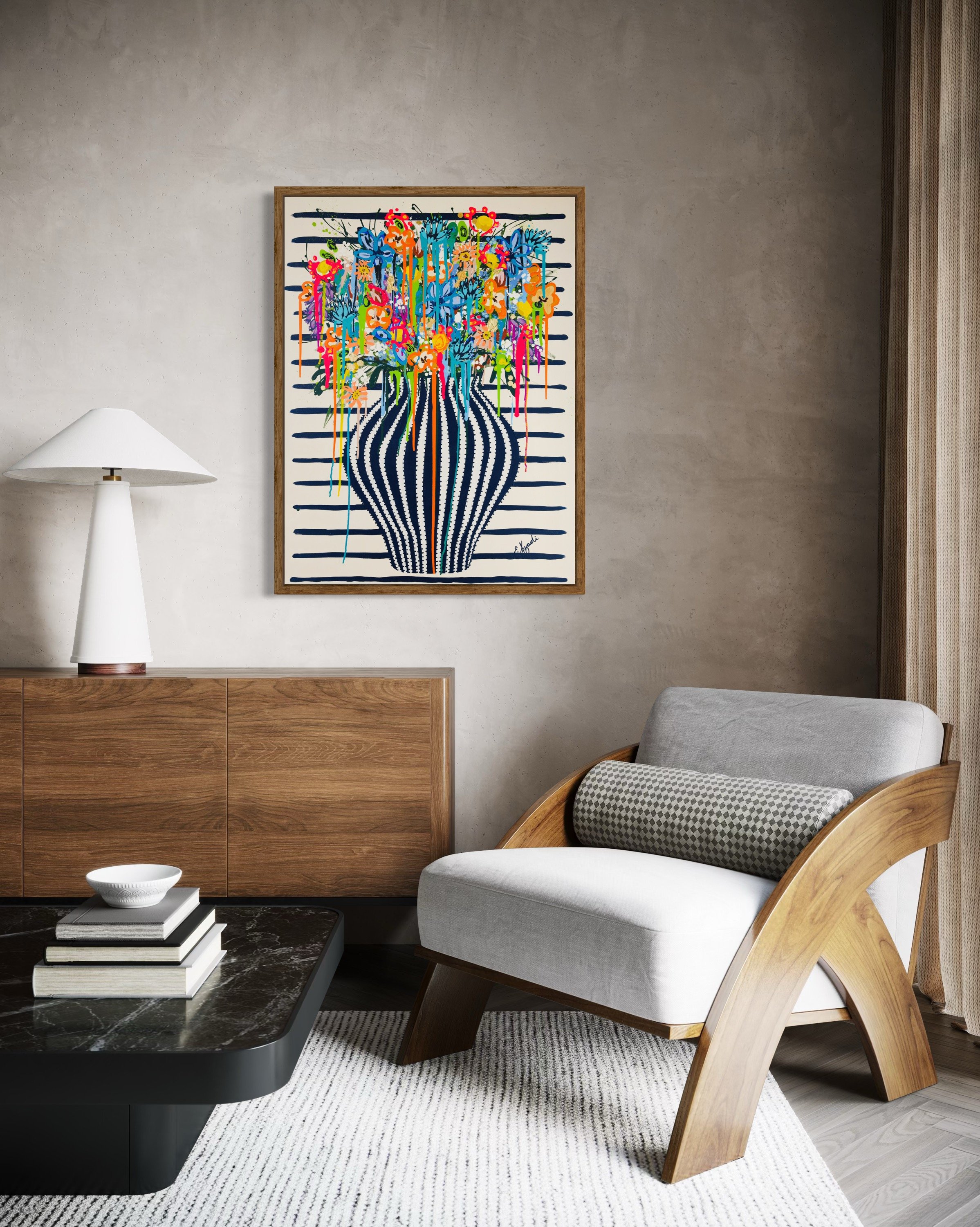 Large colorful floral abstract expressionism style painting by Elizabeth Azadi, with a navy blue and white striped vase and drippy flowers in a modern room with faux gray walls and modern furniture