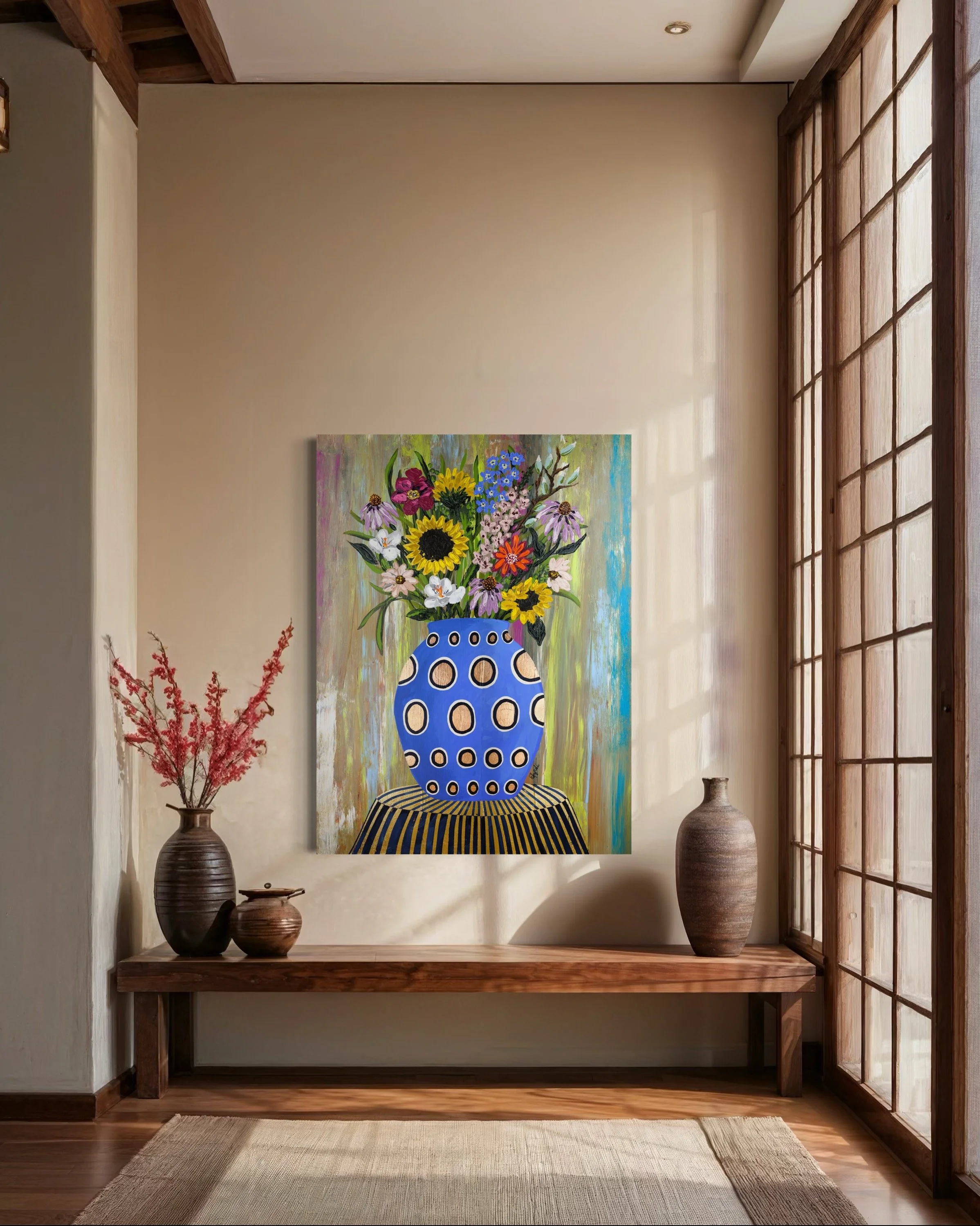 Large colorful floral abstract expressionism style painting by Elizabeth Azadi, expressive abstractions style, displayed in a modern tan hallway