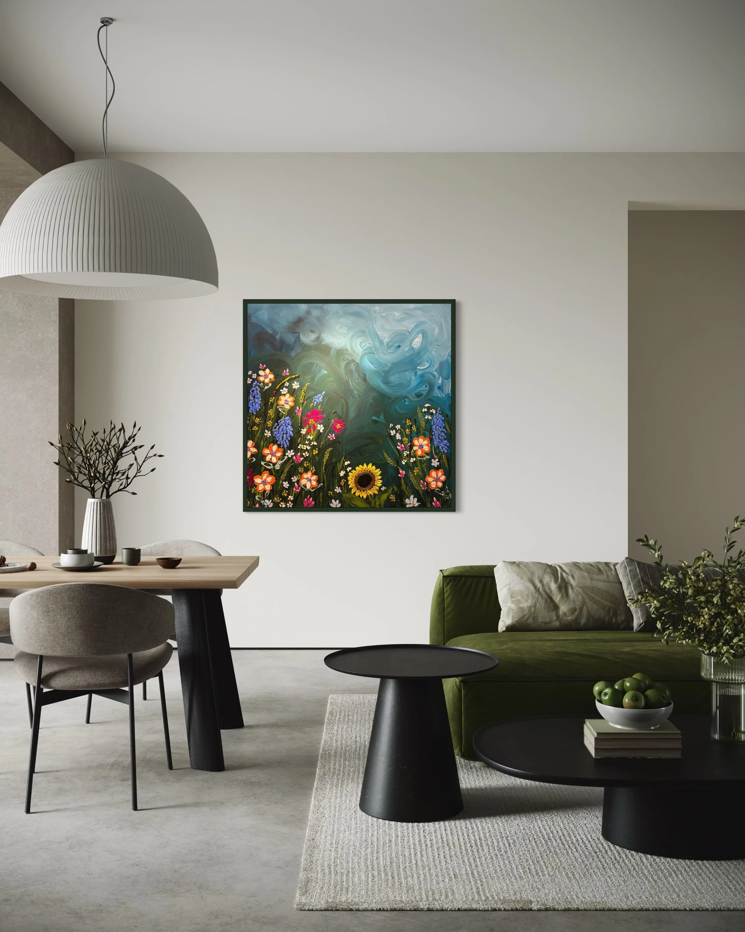 Large colorful floral abstract expressionism style painting by Elizabeth Azadi, expressive abstractions style, displayed in a modern white living room.
