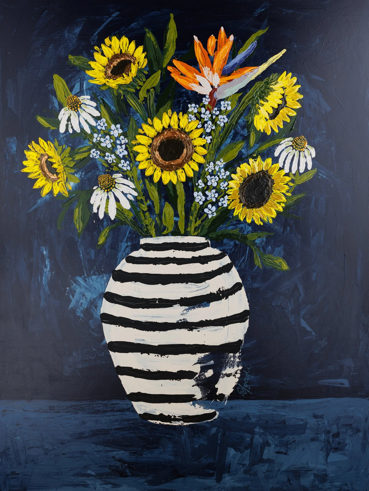 Large colorful floral abstract expressionism style painting by Elizabeth Azadi, expressive abstractions style