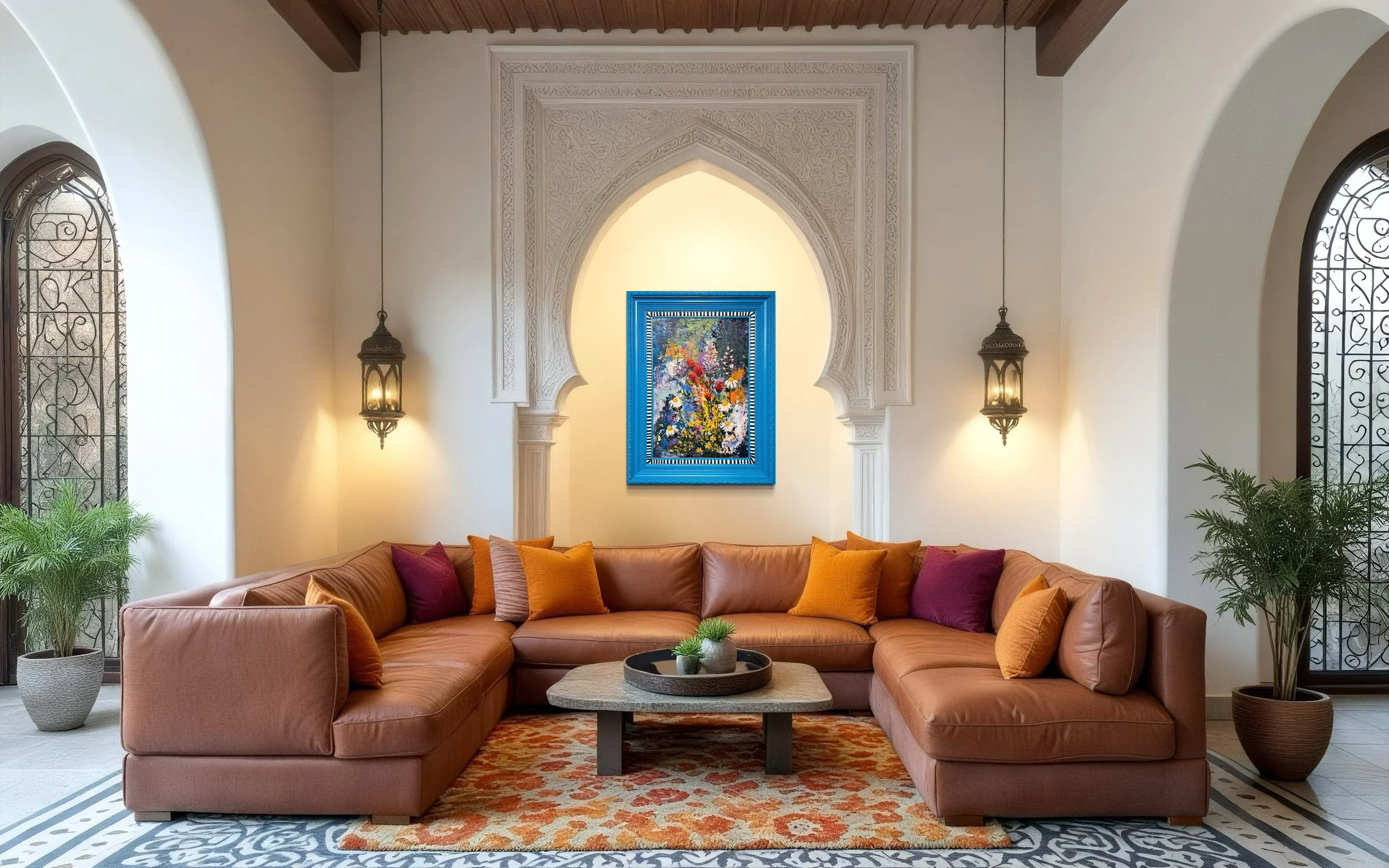 Large colorful floral abstract expressionism style painting by Elizabeth Azadi, expressive abstractions style, displayed in a traditional white sun room.