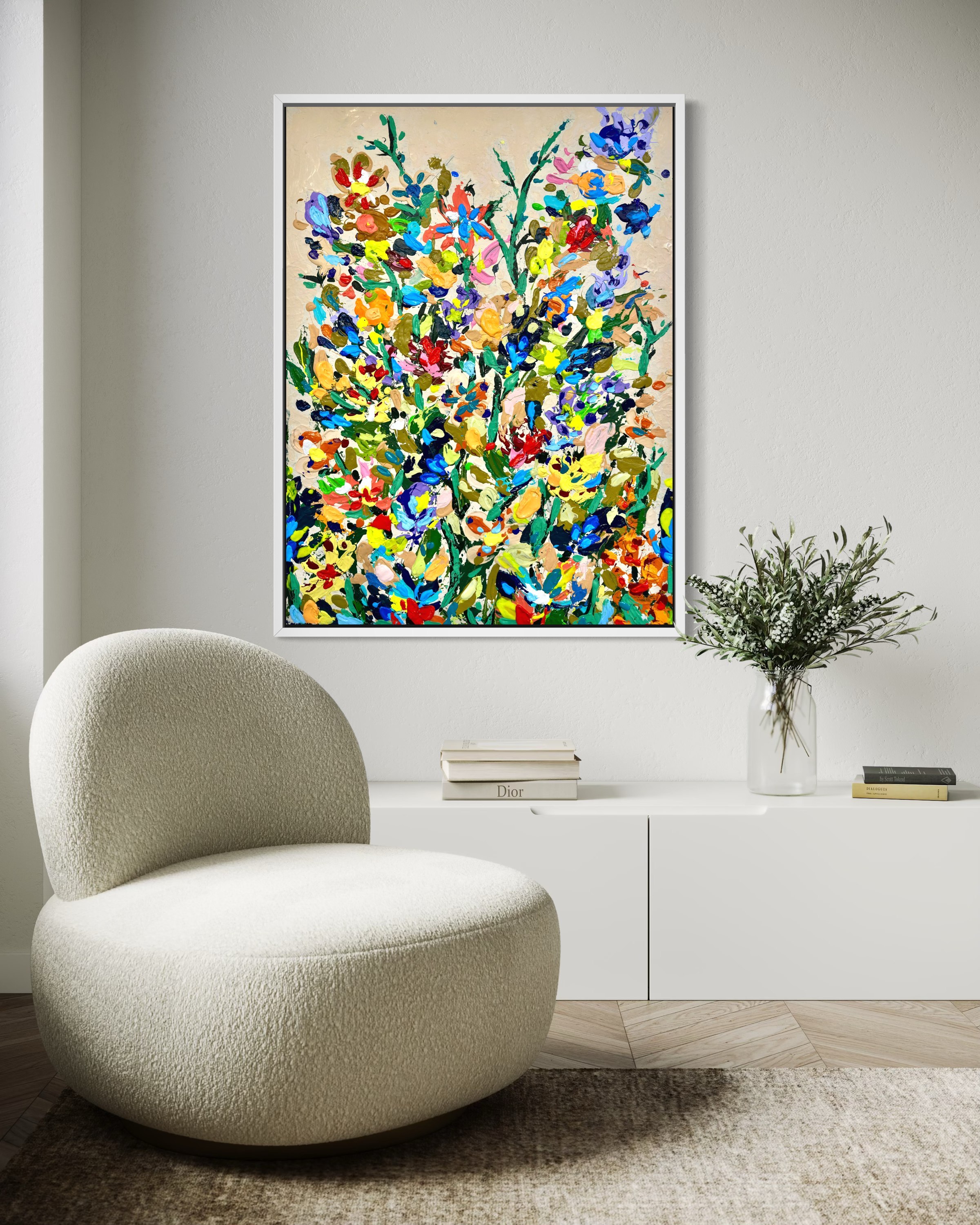 Large colorful floral abstract expressionism style painting with by Elizabeth Azadi, with a colorful wildflower arrangement