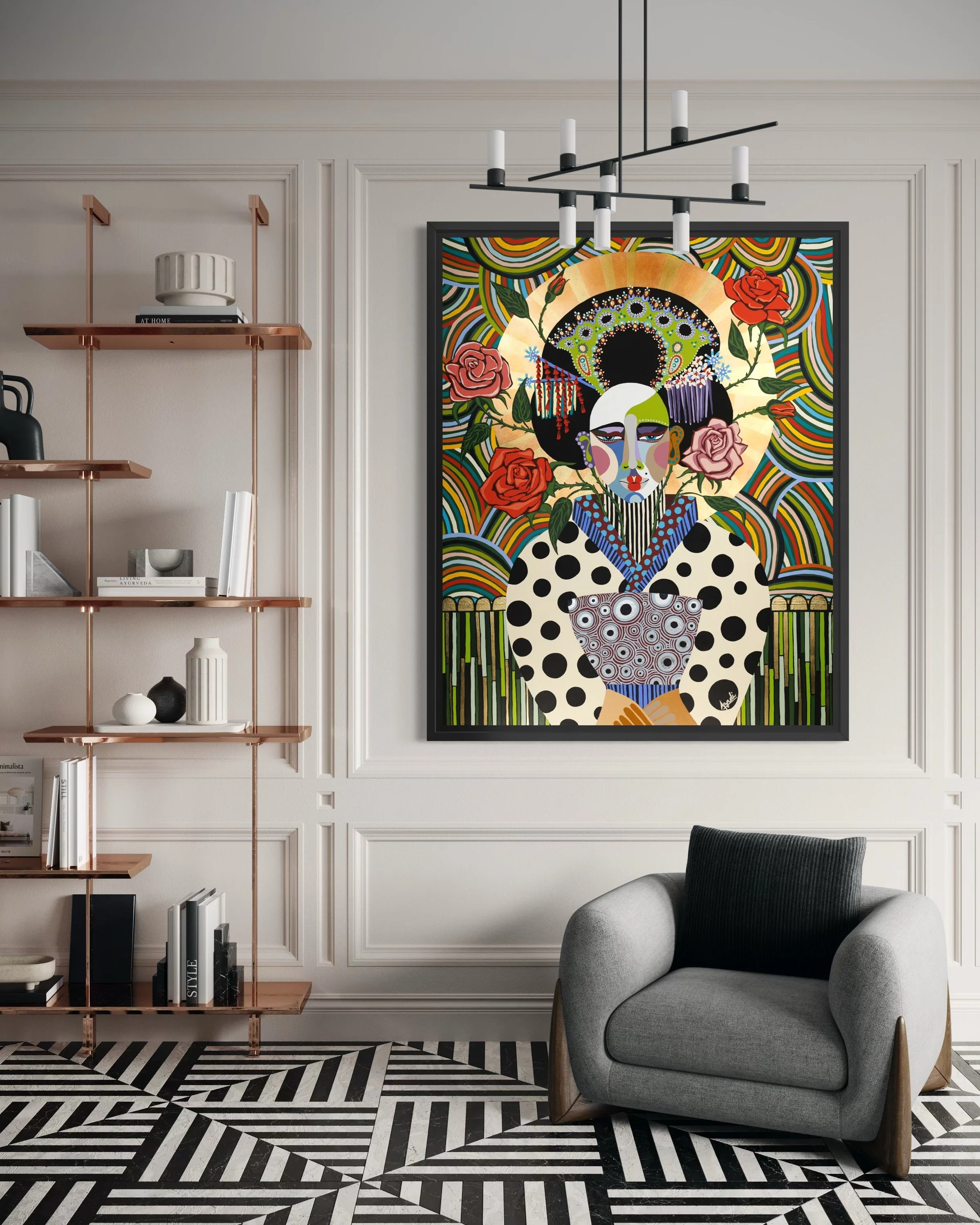 Large colorful figurative pop art style painting by Elizabeth Azadi, expressive abstractions style, displayed in a modern white living room with an oversized modern chair