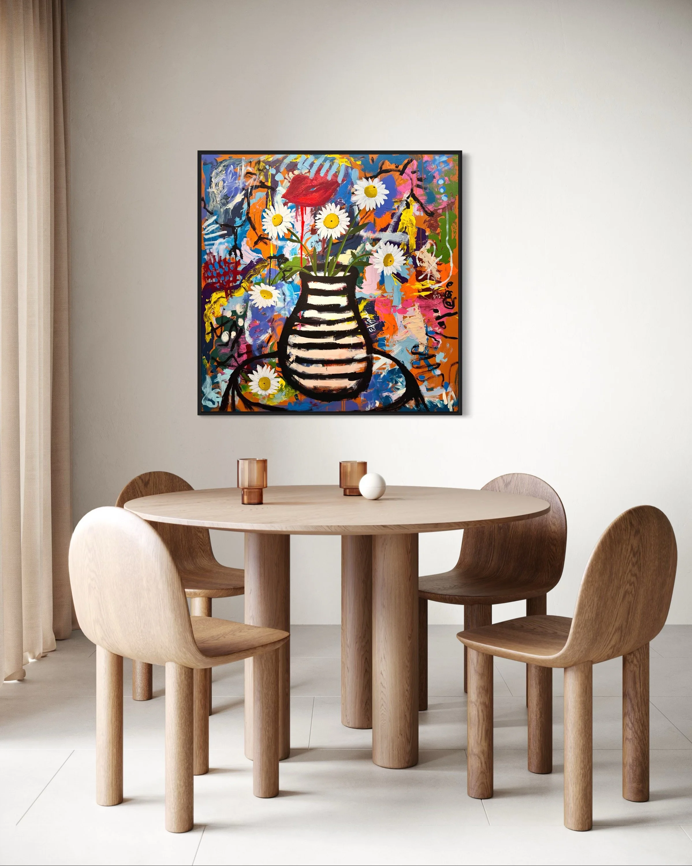 Large colorful floral abstract expressionism style painting by Elizabeth Azadi, expressive abstractions style, displayed in a modern white dining room with contemporary wood furniture