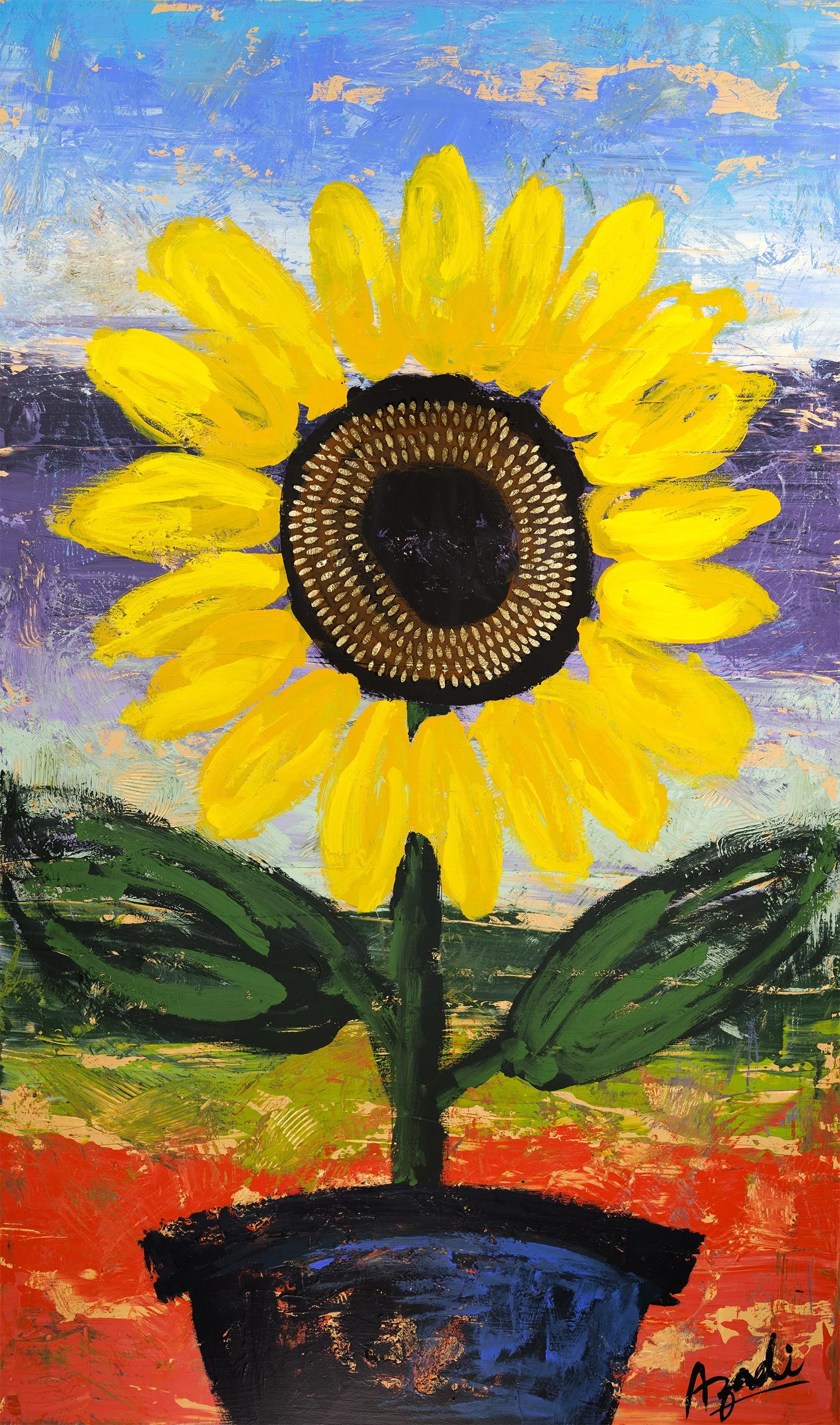 Large colorful floral abstract expressionism style painting by Elizabeth Azadi, expressive abstractions style.